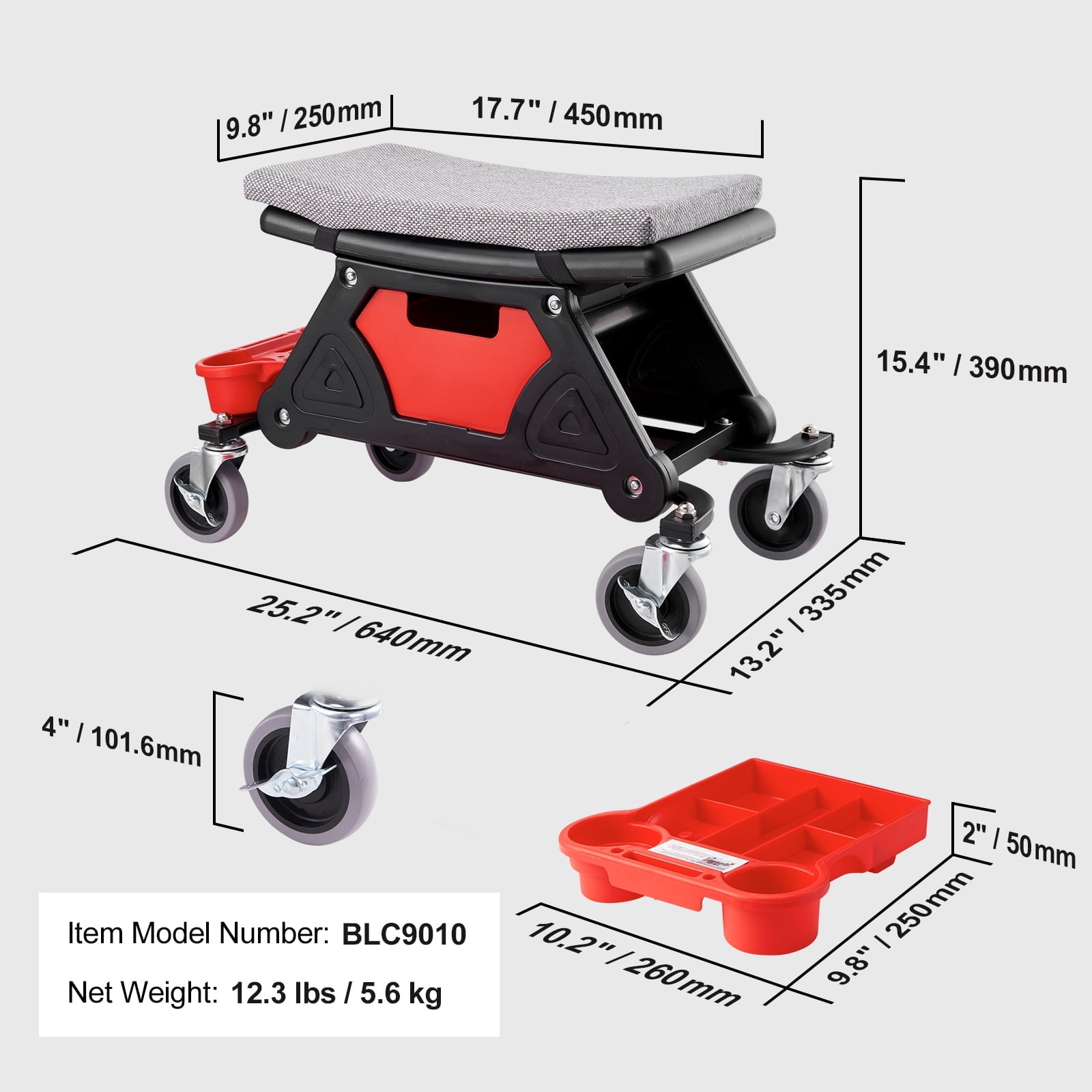 KFFKFF Mechanic's Roller Seat, Supports up to 300 LBS, Equipped with 4-inch Casters, Features 3 Pull-Out Storage Trays and a Drawer, Durable Rolling Creeper Chair for Garage and DIY Tasks