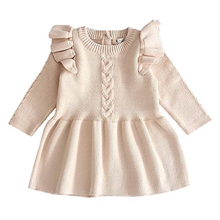 

Styles I Love Baby Toddler Girls Knit Sweater Ruffle Long Sleeve Cotton Dress Little Princess Solid Dressy Outfit (Light Beige 6 Months)