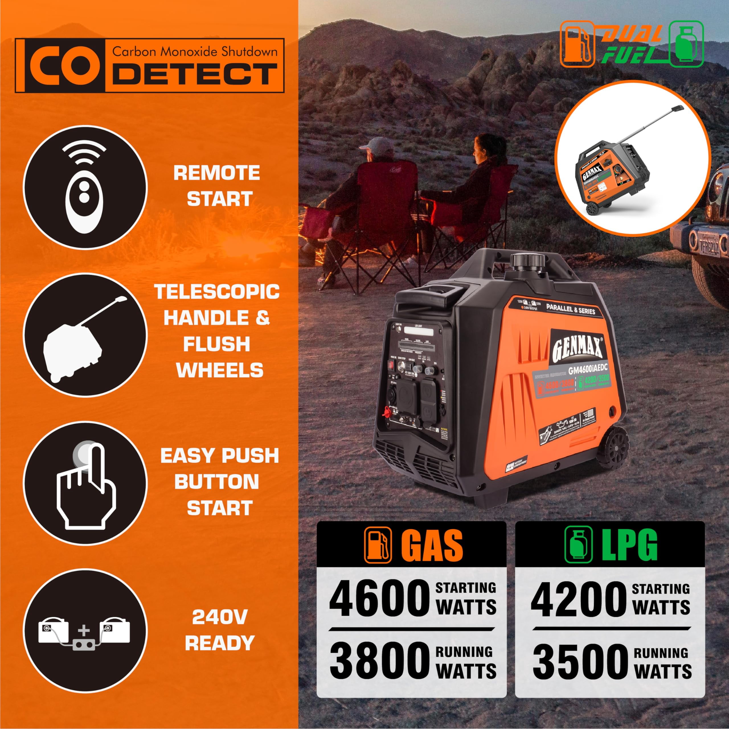 GENMAX 4600W Dual Fuel Inverter Generator, Super Quiet, Remote Start with 120V&240V and LED Light for Camping and Home Backup