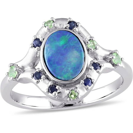 Tangelo 1-1/10 Carat T.G.W. Australian Green Opal and Sapphire with Tsavorite 10kt White Gold Cocktail Ring