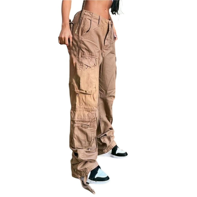 Suanret Women Cargo Pants High Waist Straight Leg Baggy Pants E-Girls  Boyfriend Trousers Streetwear Khaki L