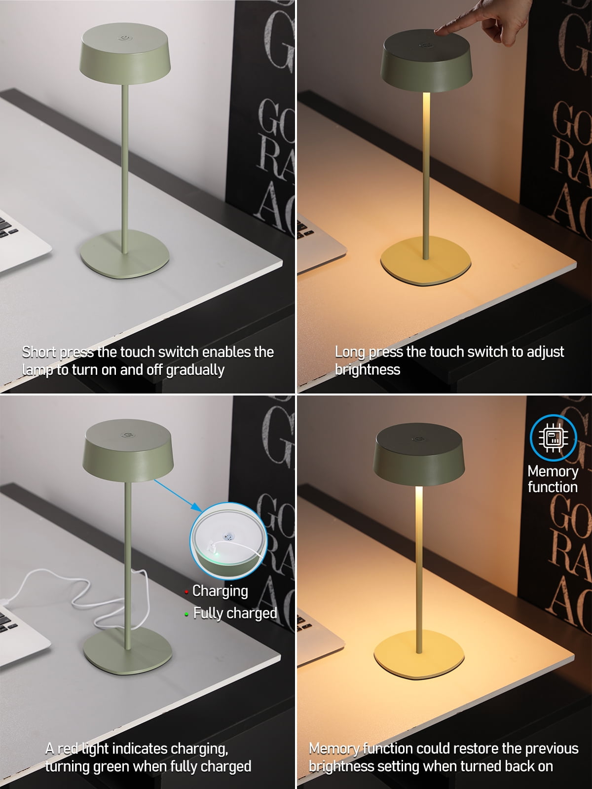 2 Pack Cordless LED Table Lamp, Aluminum Portable Rechargeable Desk Lamp, Dimmable Touch Lamps for Bedroom Living Room Restaurant Patio, Green