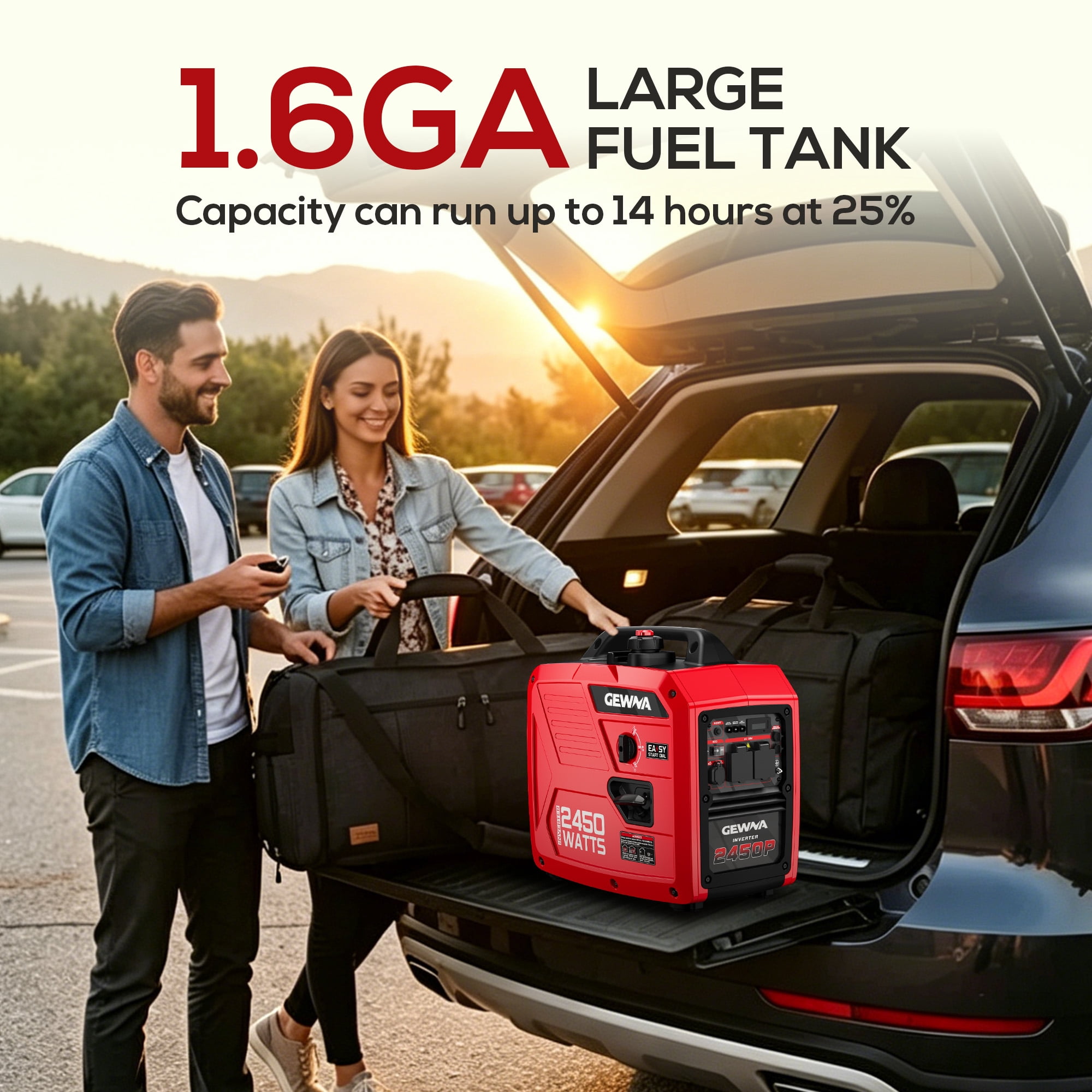 Gewna 2450W Portable Inverter Generator - Gas Powered,Ultra Quiet for RV, Camping, Home Backup,1.6 Gallon Large Fuel Tank Red