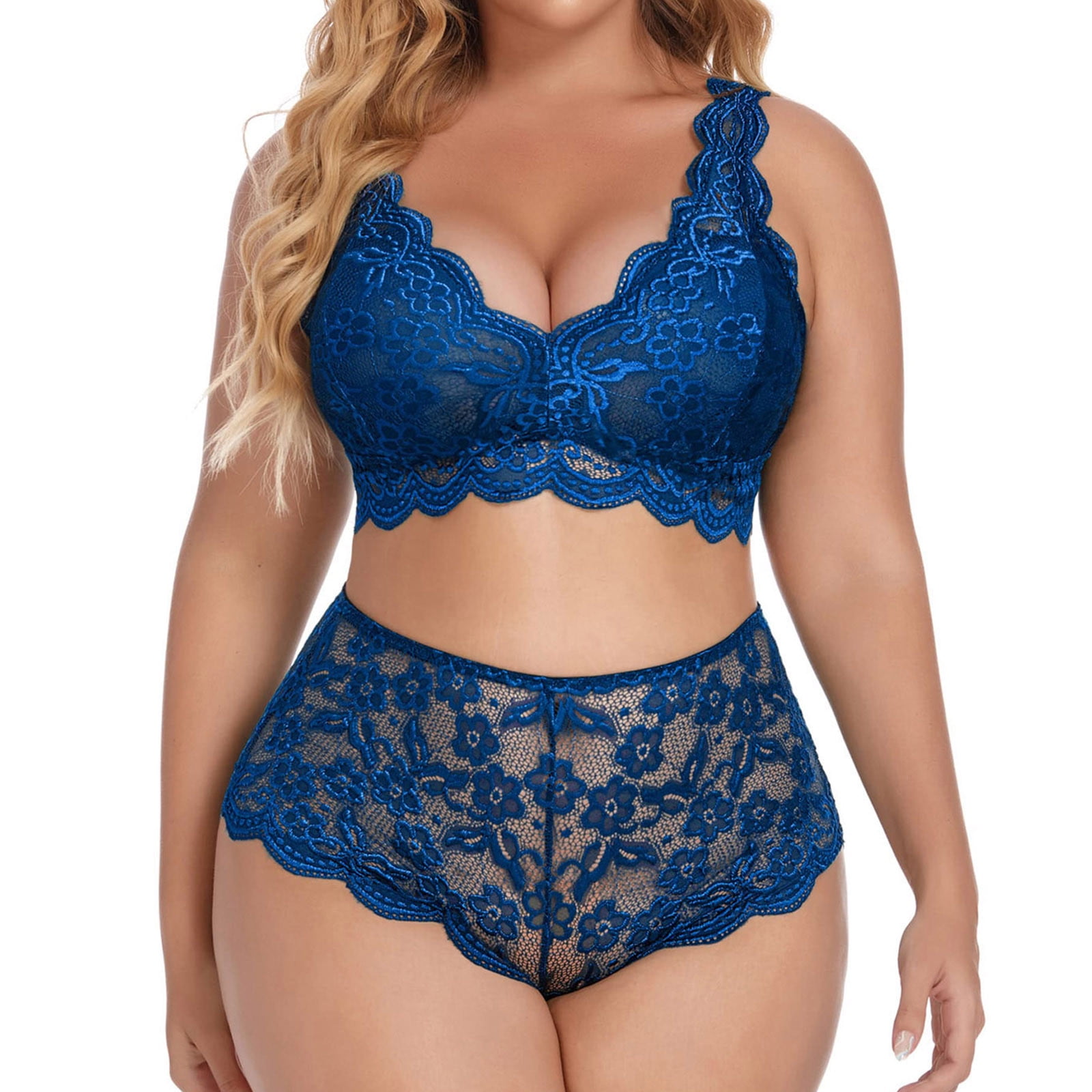 Vedolay Lingerie Sets For Women Plus Size 2 Piece Lingerie for Women  Strappy Bra and Panty Underwear Sets Lace Underwear Set for Women(Blue,XXL)