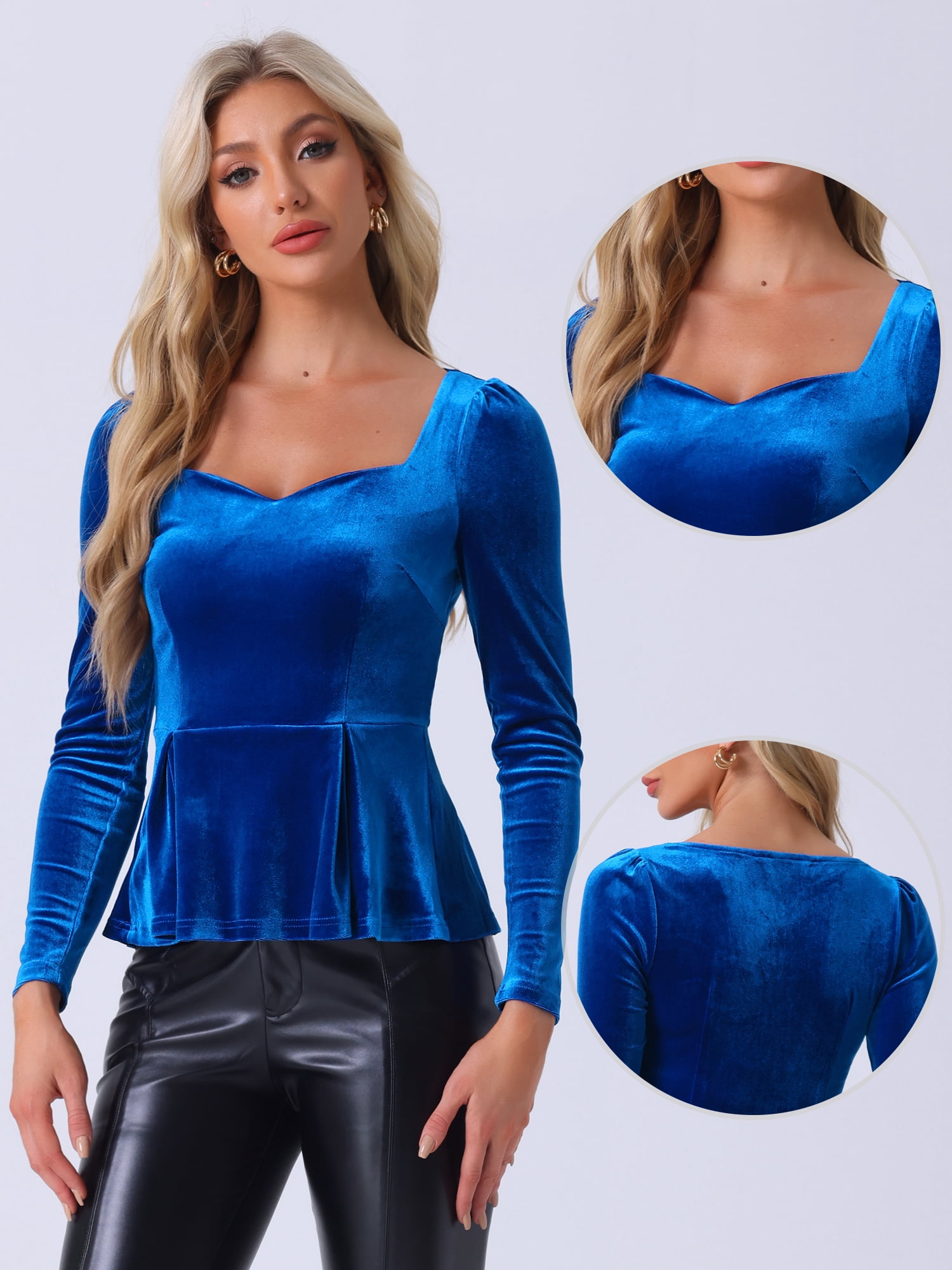 DARING DIVA Elegant Velvet Sweetheart Neck Peplum Top S Royal Blue