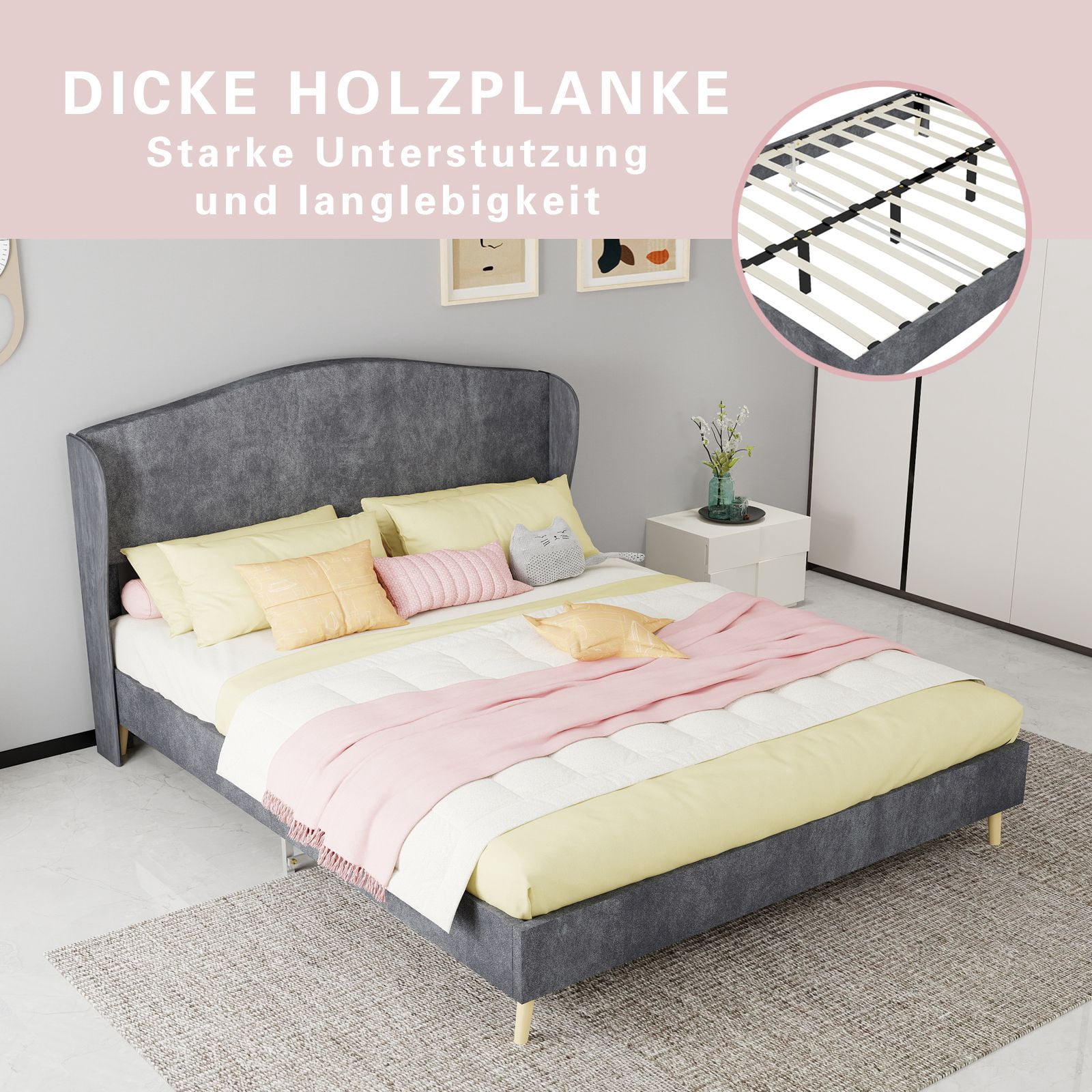 Alvantor Queen Size Upholstered Bed Frame with Padded Headboard, Holland Velvet Tufted Noise-Free & Durable Gray