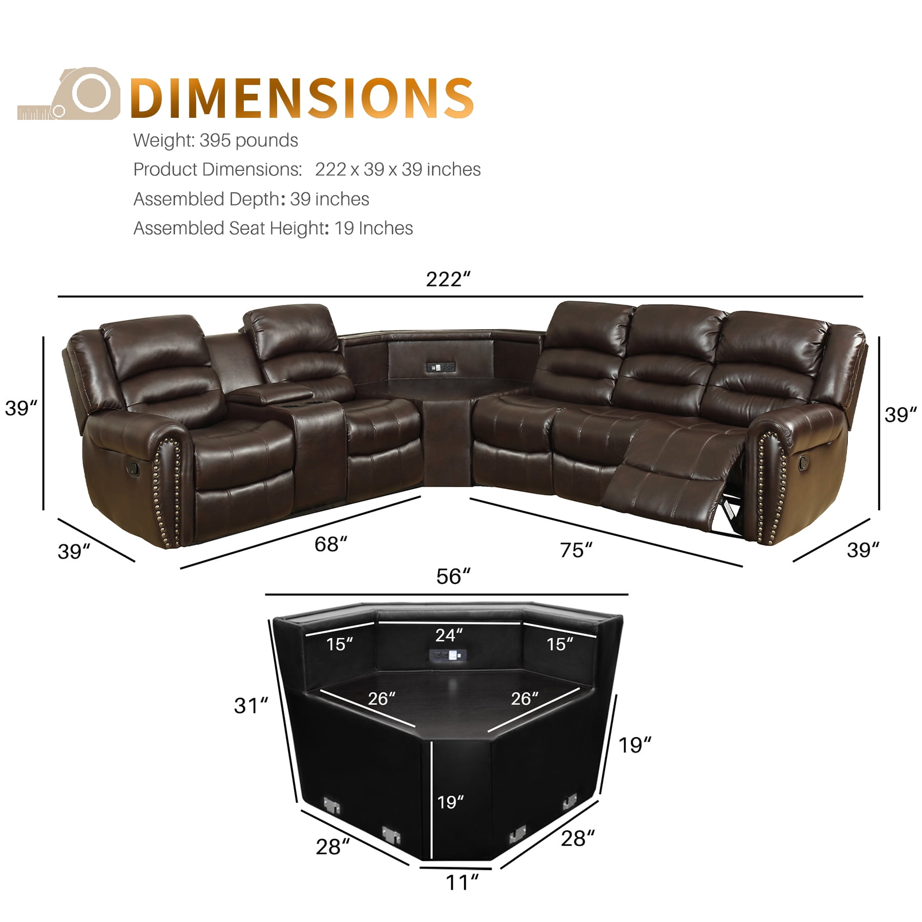Nathaniel Home Sofa Set with Storage and Cup Holders, Living Room Reclining Couch, PU Leather Love Seat 5 Seater Theater Seating Brown