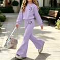 thumbnail image 4 of Spazoro Girls Sweatshirt Outfit Set, Elastic Waist Crewneck Long Sleeve Heart Print Flared Leg Fleece Lined Casual Clothes Set for Kids Purple Size 9-10, 4 of 9