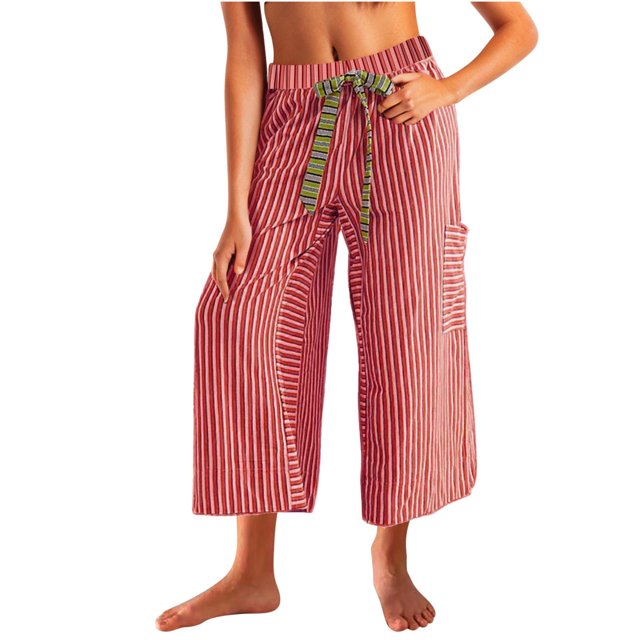 Penkiiy Wide Leg Lounge Pants Striped Mid Waisted Drawstring Beach Pants Capri Pants Trousers with Pockets XL Red