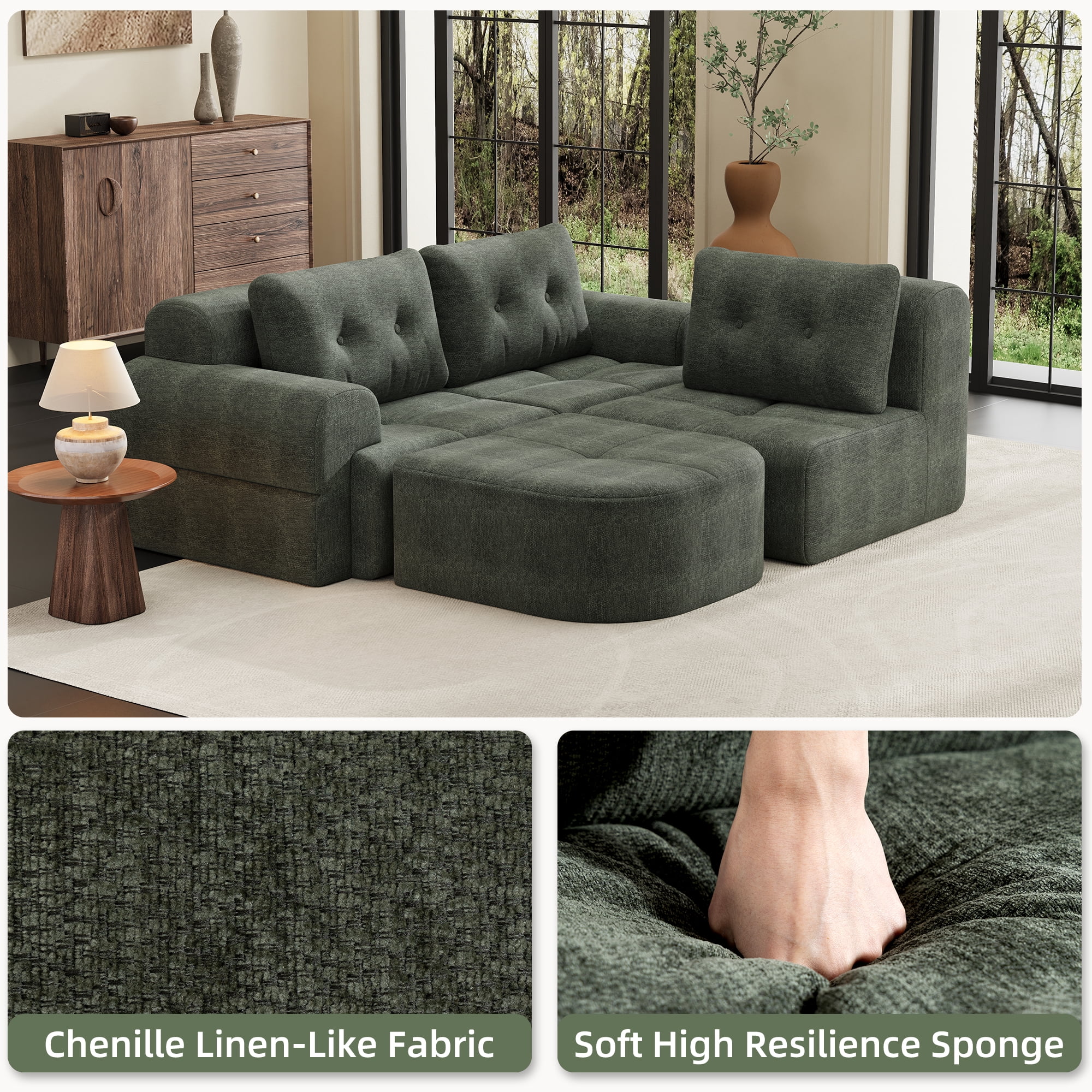 Modular Sectional Sofa with Chaise and Full-Foam Structure, 112-Inch Oversized Couch with Woven Texture Upholstery for Living Room, Blackish Green