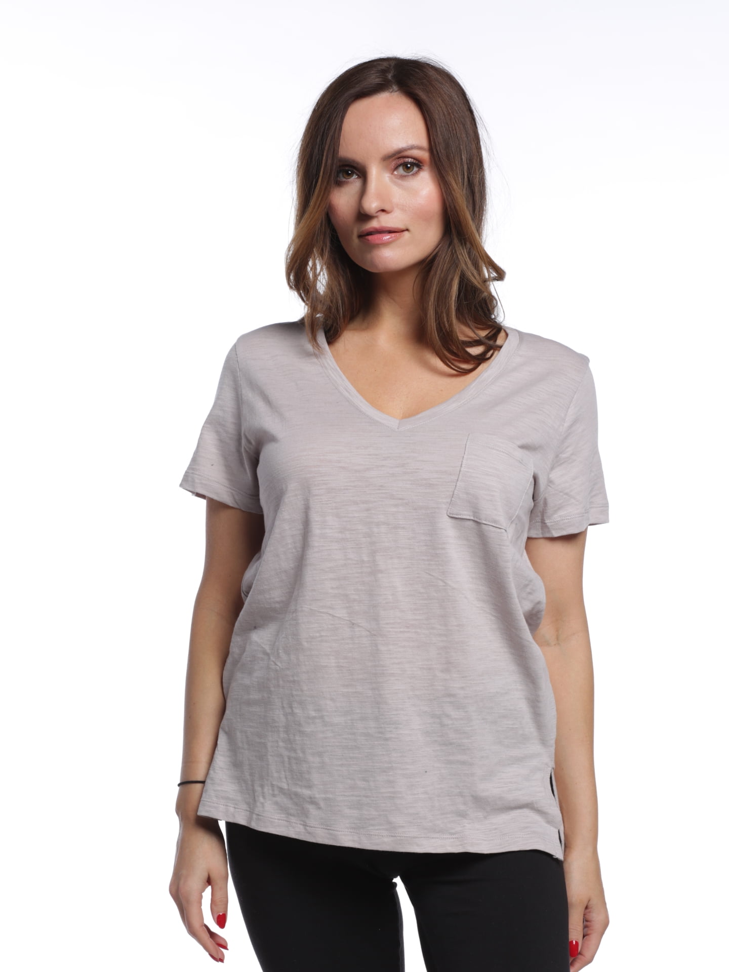 Double Zero Double Zero Women's VNeck Tee With Pocket, Mauve, Small