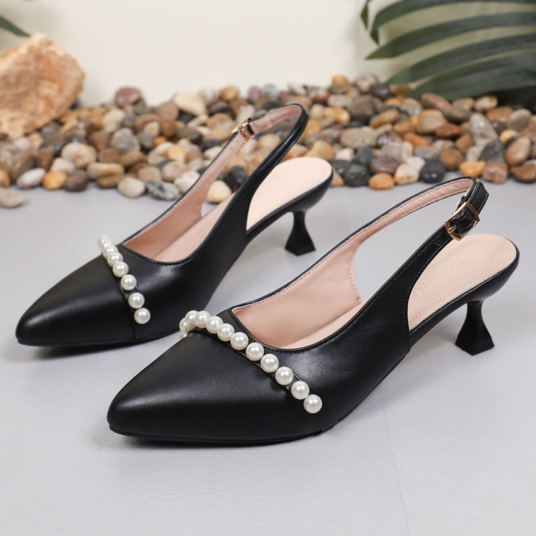 low heel black dress shoes for wedding Womens Chunky Low Heels Slingback Pumps Open Toe Patent Leather Wedding Party Office Dress Shoes Comfortable VersatileBlackSize 7)