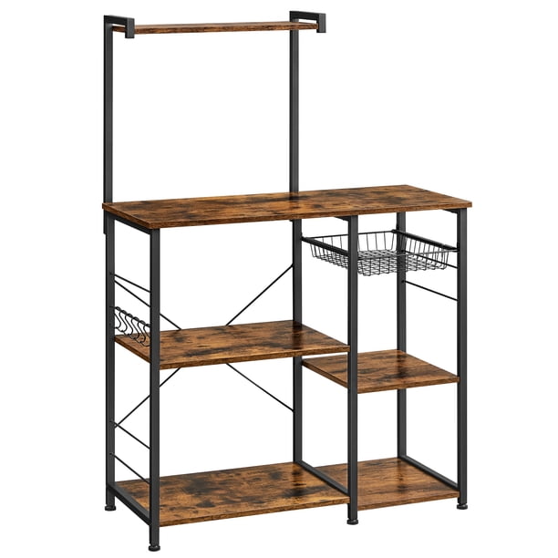 VASAGLE Estantería de Cocina, Soporte para Microondas y Panadería, Estantería de Almacenamiento con Cesta de alambre, 6 ganchos, para Especias, Ollas y Sartenes, Marrón Rústico y Negro
