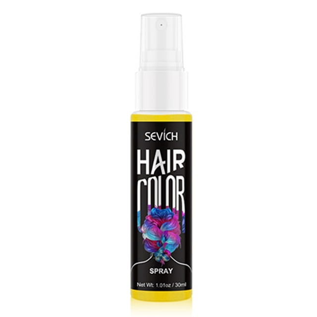 aerosol de coloración capilar temporal con brillo dorado, fácil de aplicar y lavar, ideal para looks únicos, 30ml — Frontal: bote spray de 30 ml con tapa transparente; etiqueta negra con texto 'HAIR COLOR' y diseño floral multicolor; base amarilla que señala el tono oro; indicado para añadir destellos dorados a mechones como efecto de estilismo temporal.