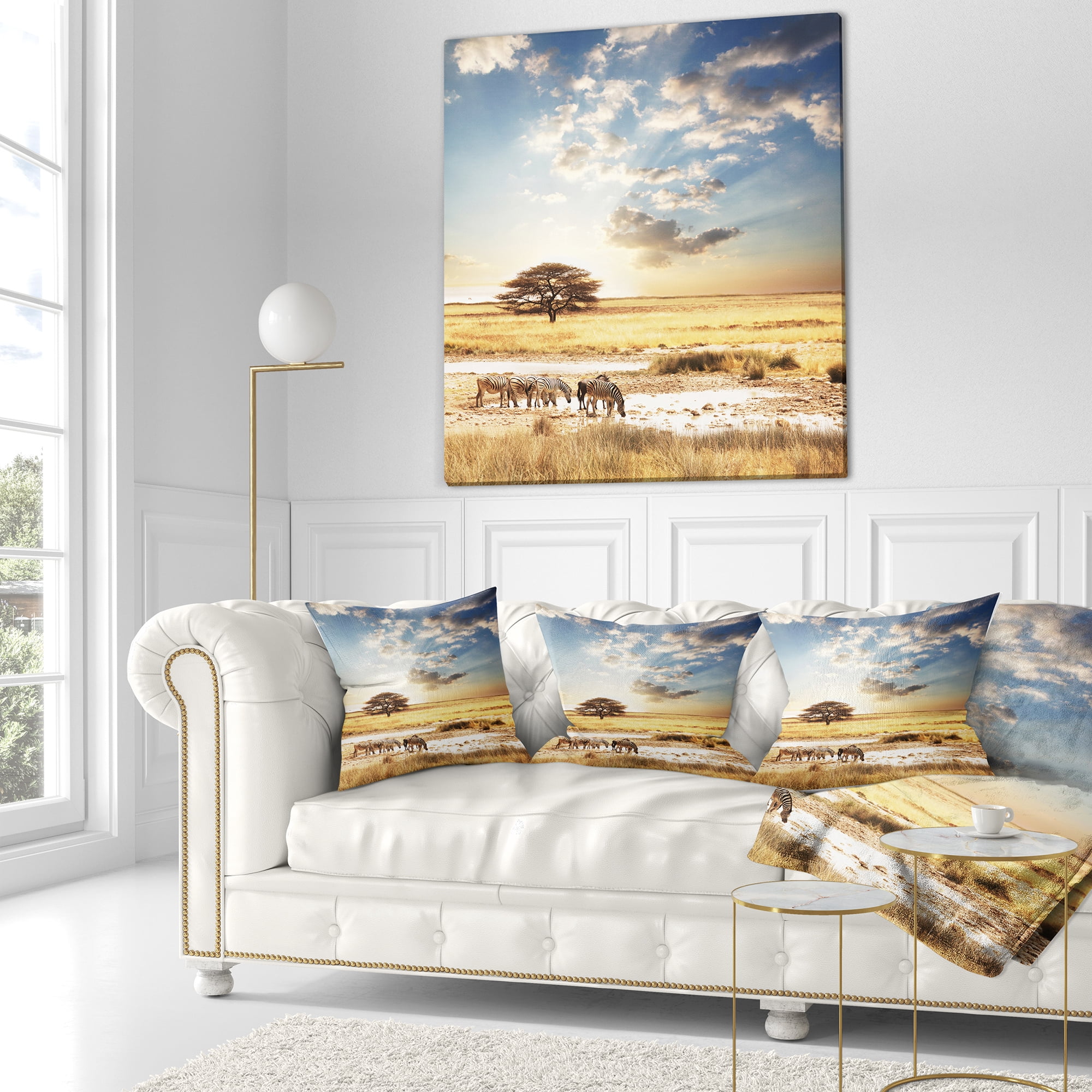 Designart African Zebras Drinking Water - African Throw Pillow - 18x18