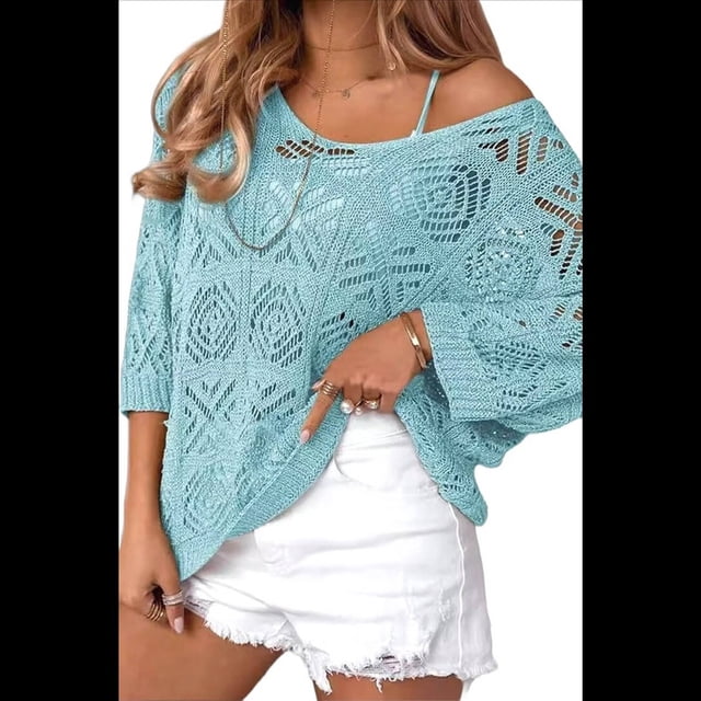 Suéter de Crochet Calado para Mujer, 3/4, Hombros Descubiertos, Verano 2025 Azul M