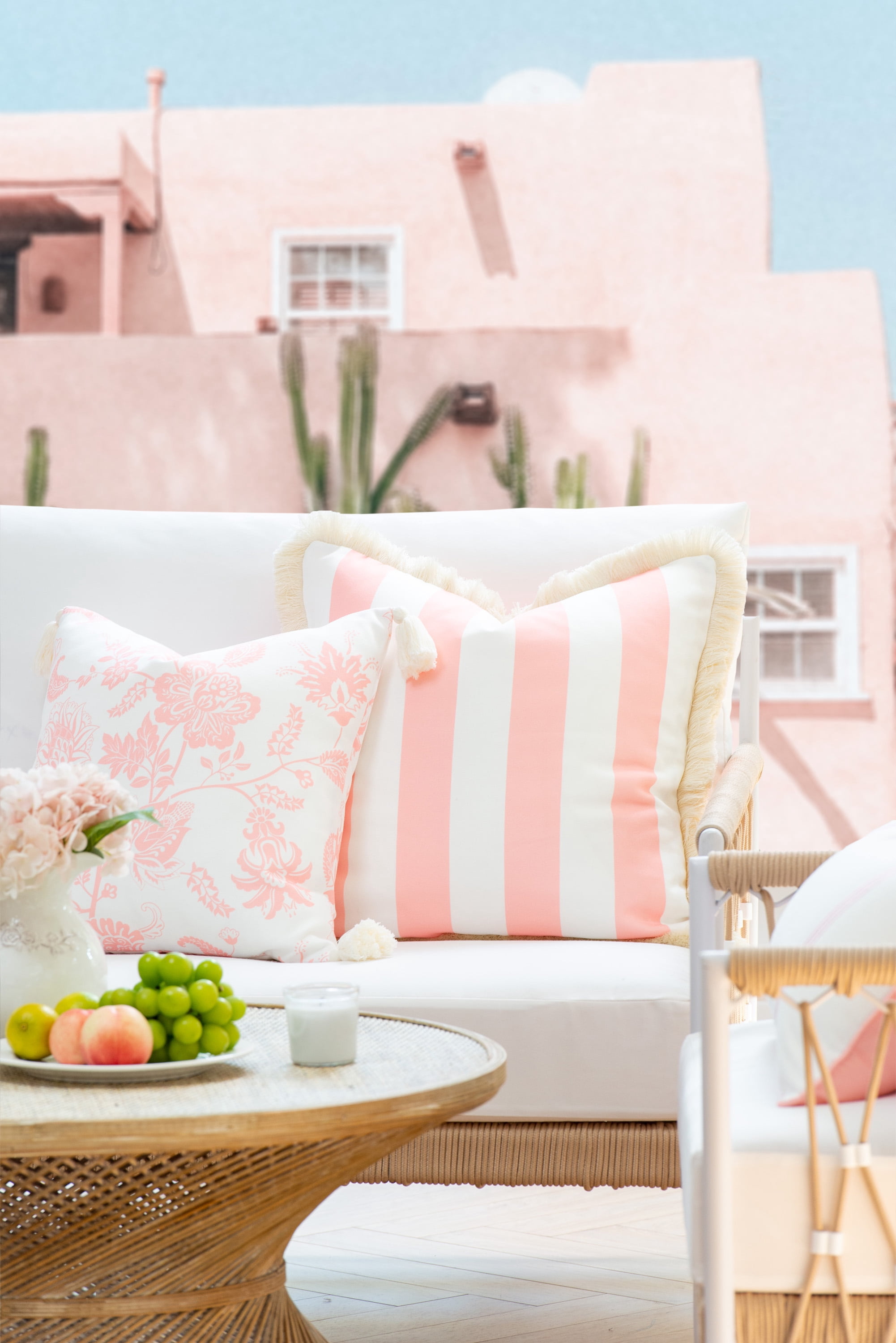 Hofdeco Premium Coastal Patio Indoor Outdoor Pillow Cover Only, 20"x20" Water Repellent for Backyard, Couch, Blush Pink Stripe Fringe