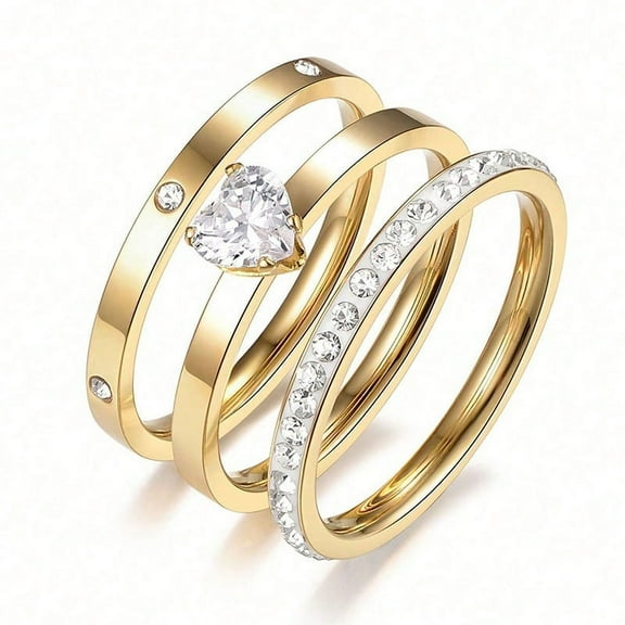 Wisbal 18K Gold Plated 3 Rings Set Titanium Steel 5A Cubic Zirconia Wedding Band Stackable Promise Ring Love Friendship Size 6