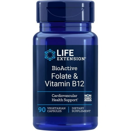 Life Extension BioActive Folate & Vitamin B12 - Promotes Heart Brain & GI Tract Health - Gluten-Free Non-GMO - 90 Vegetarian Capsules (3-Month Supply)