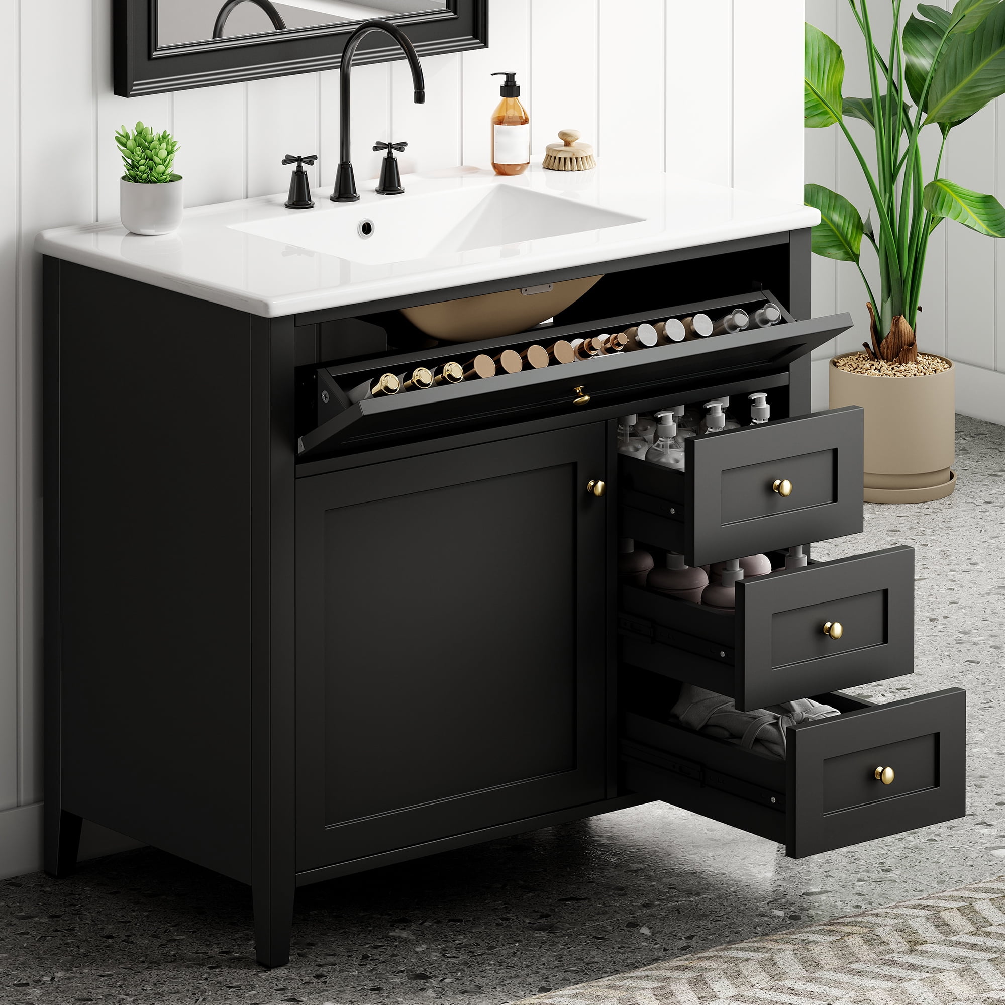 Anpport 36" Freestanding Bathroom Vanity with Sink, Modern MDF & Rubberwood Cabinet, 3 Drawers, Adjustable Shelf & Left‑Side Door, Black