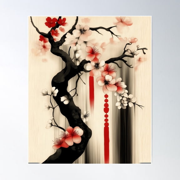 Cherry Blossom Sumi-E Art – Elegant Japanese Ink Poster Wall Art, Modern Wall Decor For Living Room Bedroom, 8x12 UNFRAMED
