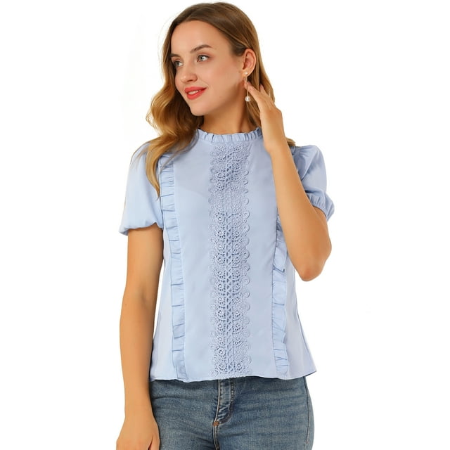 INSPIRE CHIC Women's Mock Neck Ruffle Short Sleeve Crochet Lace Work Office Blouse Blue S