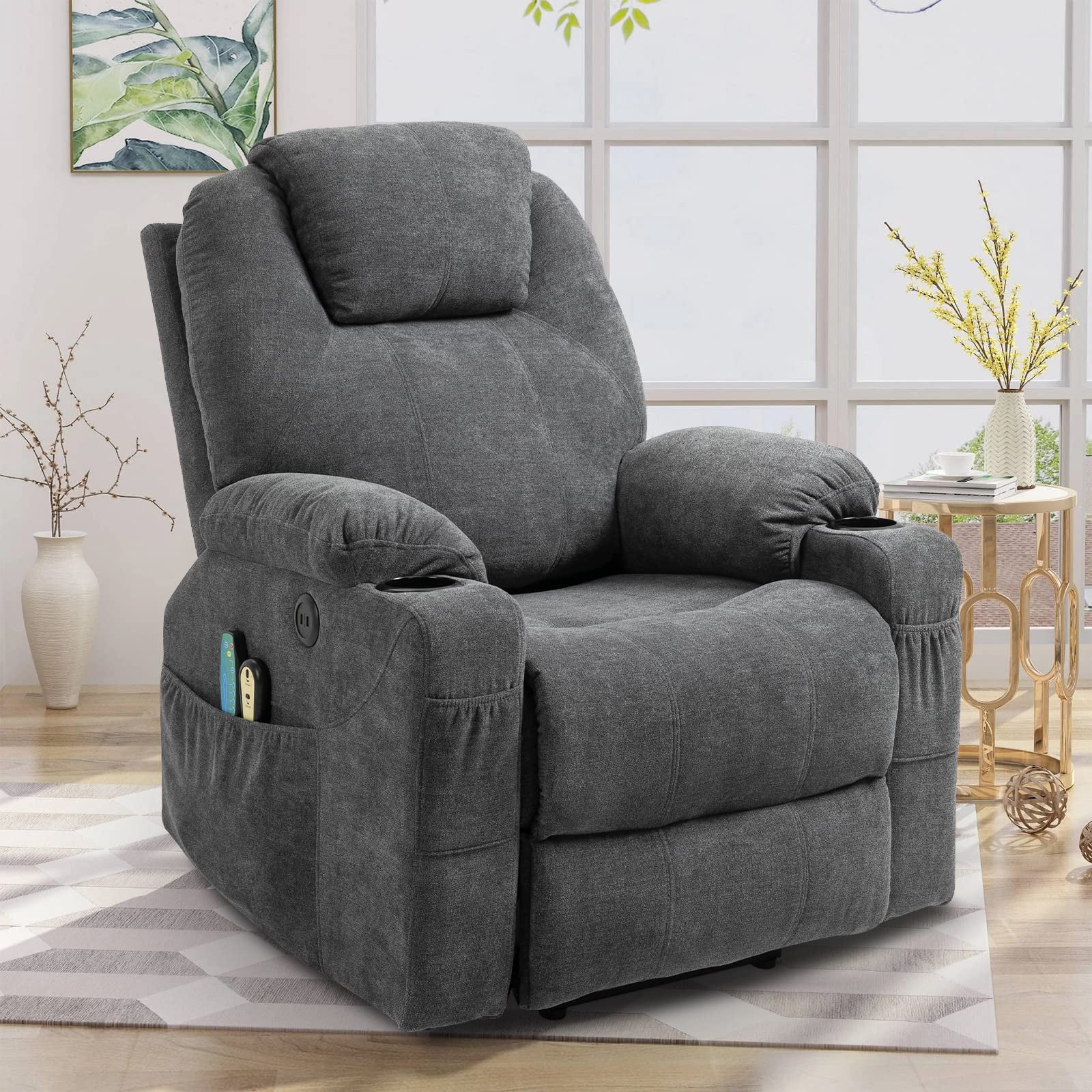 W WARMHOL Electric Power Lift Recliner Chair with Heat and Massage Lift Recliner for Elderly, Single Sofa recliners for Living Room with Cup Holders, 4 Pockets, USB Ports, Soft Fabric (Gray)