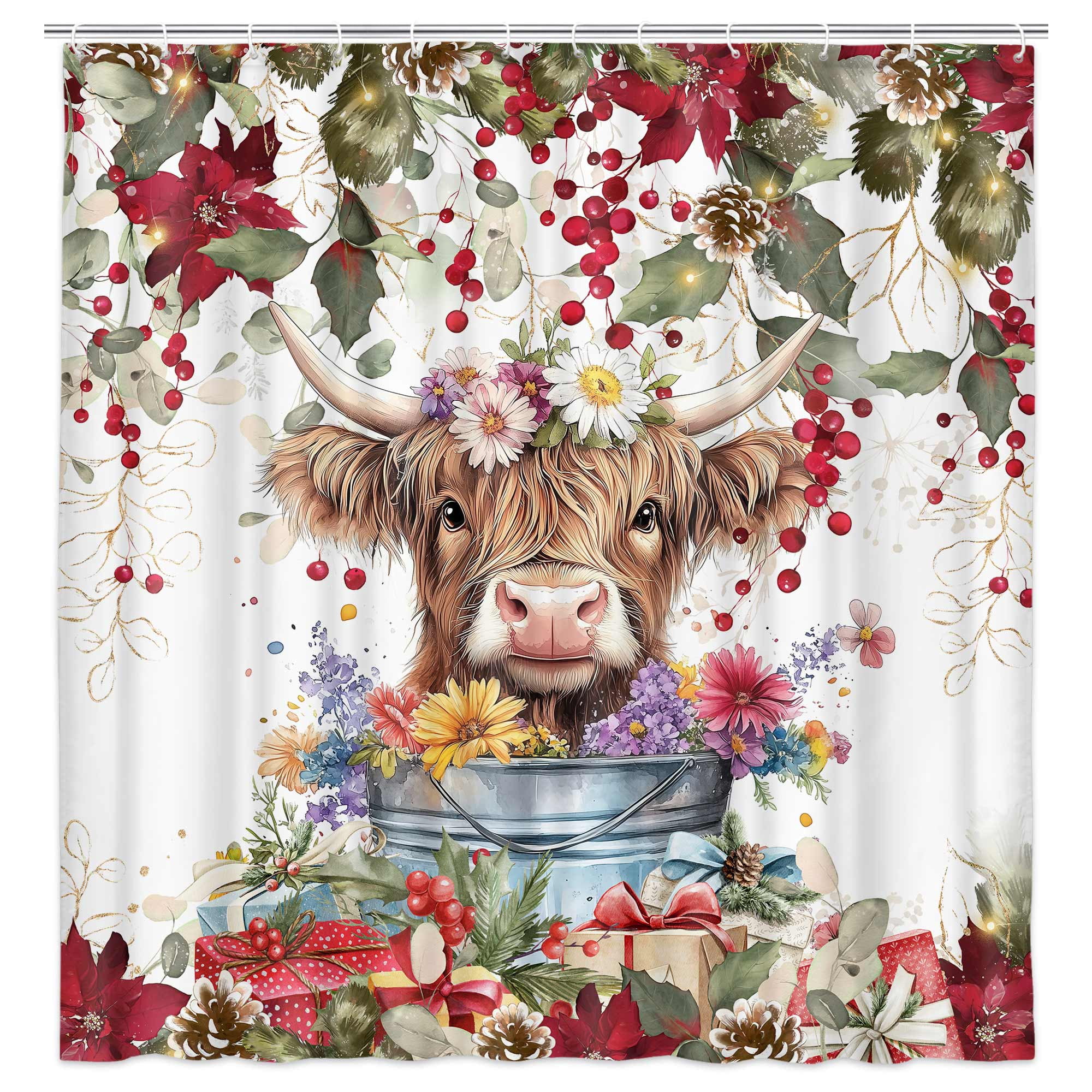 Christmas Highland Cow Shower Curtain, Winter Farmhouse Funny Animals Cute Cow Bath Curtain, Eucalyptus Leaves Pine Tree Red Bathroom Accessories Botanical for Bathroom Curtain Set with Hooks, 72x72in