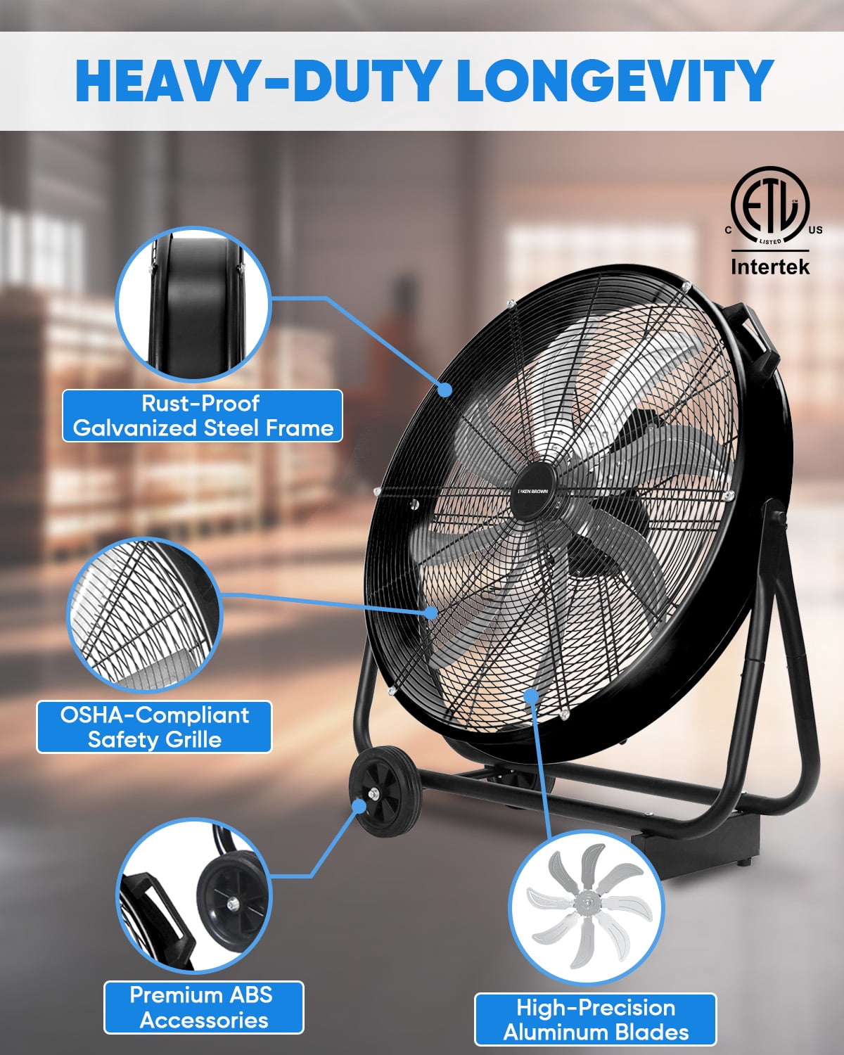 Ken Brown Industrial Drum Fan 24" 3-Speed High Velocity Heavy Duty 8-Blade 360° Tilt 9500 CFM Electric Household Fan