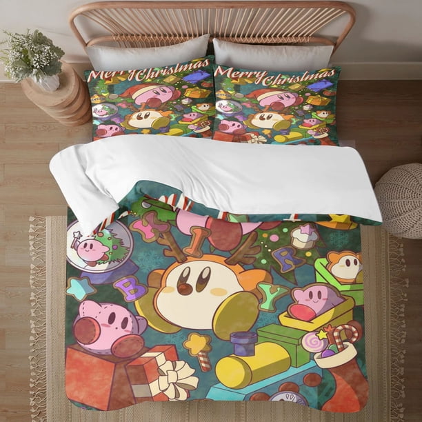 Juego de edredón navideño Kirby Star Comfort Twin para niños y adultos, juego de 3 piezas con estampado de dibujos animados, tamaño King, funda de almohada y sábana