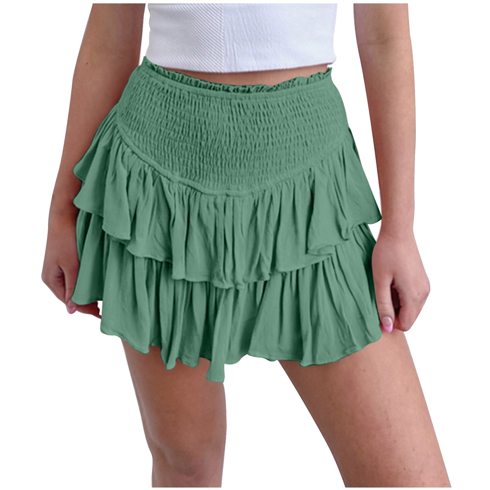 OGLCCG Women's Layered Ruffle Hem Mini Skirt High Elastic Waist A-Line  Skater Short Skirt Swing Beach Shirred Tiered Skirt