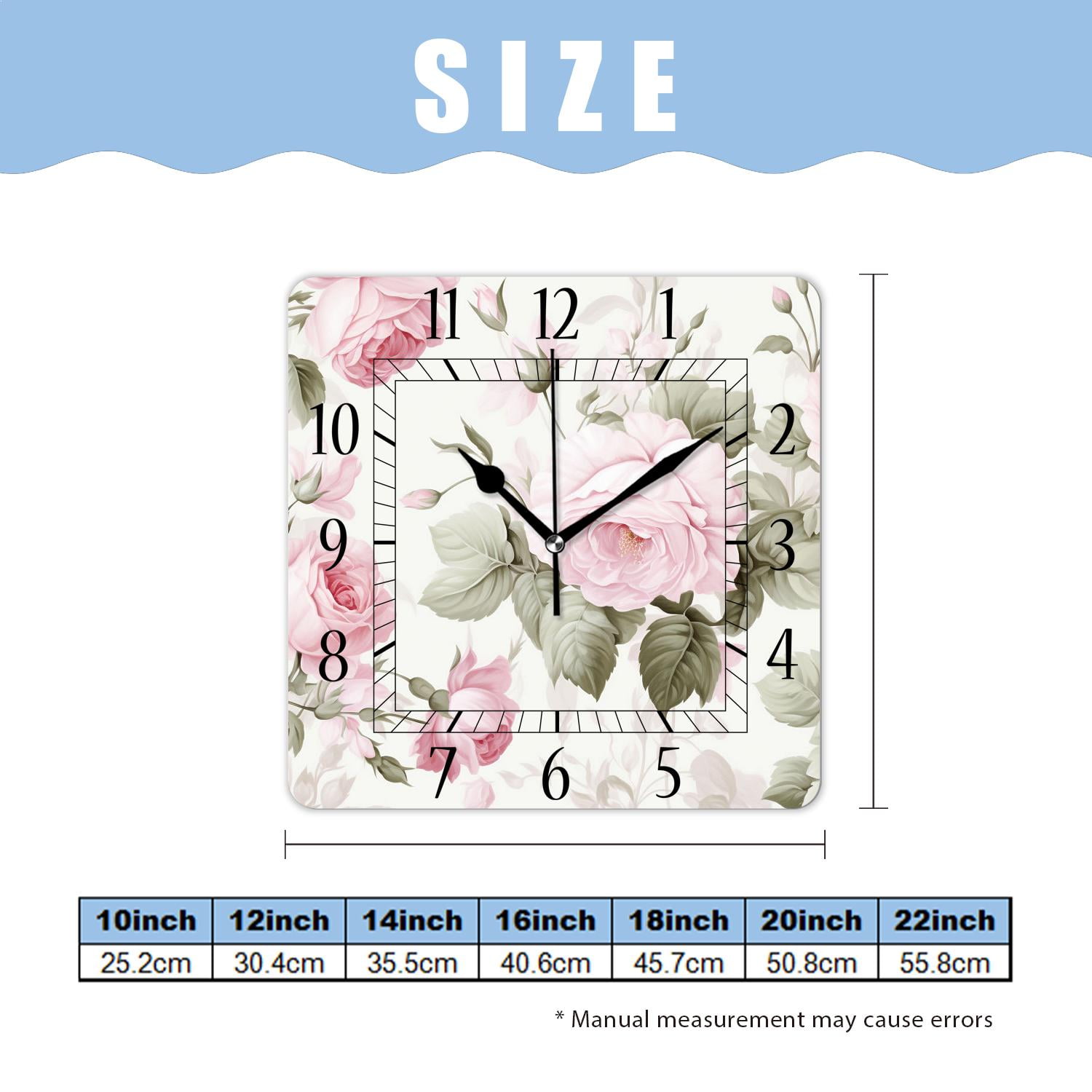 12 Inch Wall Clock Battery Operated Square Clock Decorative for Office, Kitchen, Outdoor, Living Room，Watercolor Pink Rose Flower Floral Pattern