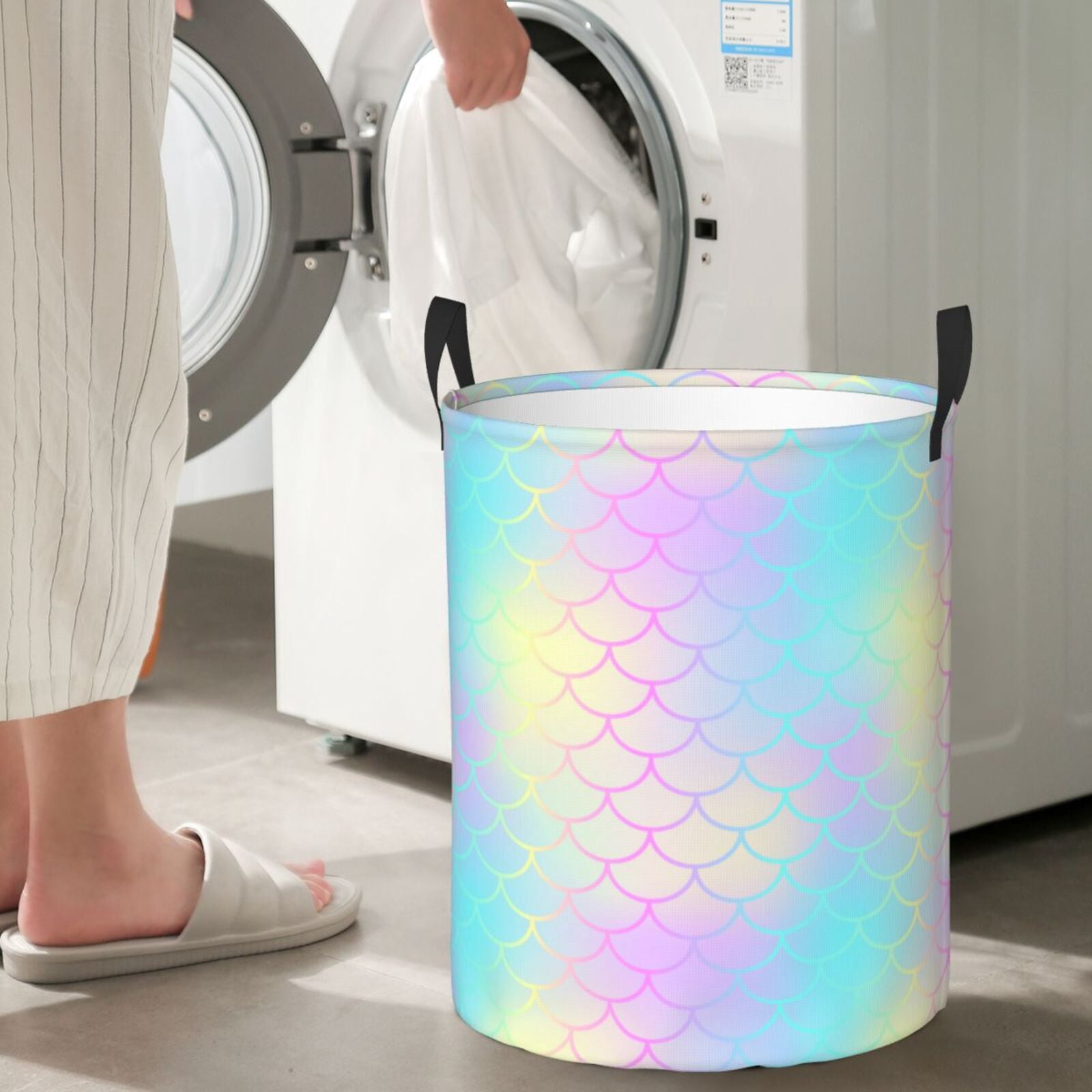 Large Laundry Basket with Handles - Pink Romantic fish scale Kids Baby Dirty Clothes Laundry Hamper for Bedroom Aesthetic