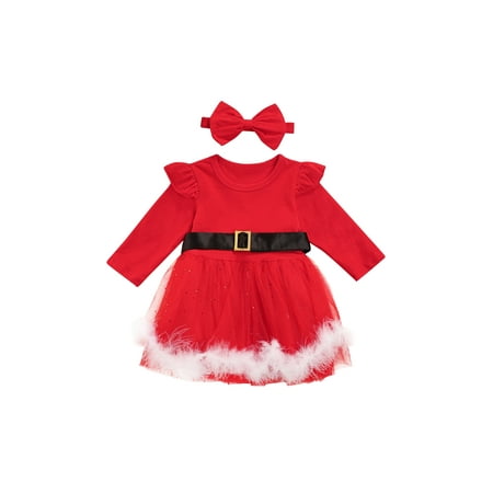 

Biekopu Girls Clothes Set Long Sleeve O-neck Midi Tulle Dress with Waistband+Bow-knot Headband Christmas Dresses Children s Clothing