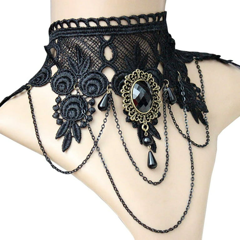 LACE CHOKER NECKLACE CHARM NECKLACE BLACK TATTOO CHOKER PUNK DOUBLE LAYER  CHAIN