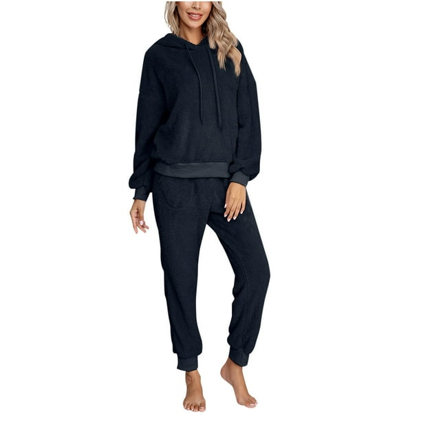 Womens Fuzzy Sherpa Fleece Pajamas Set Long Sleeve Hoodies Pajama Pants