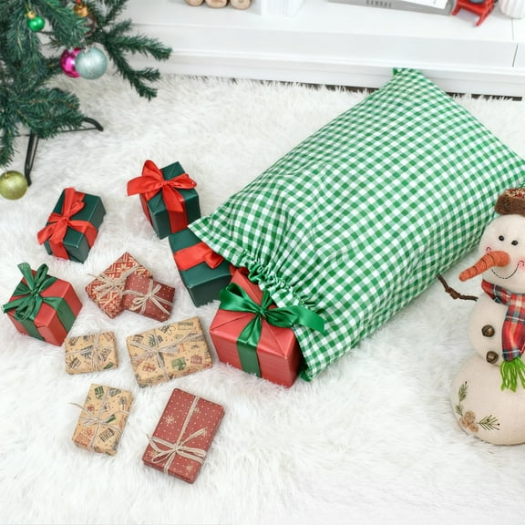 Mecorevxz Christmas Storage Bags,27.56"x17.69" Christmas Plaid Cloth Gift Bags with Drawstrings,Reusable Large Christmas Gift Bags Knitted Wrapping Sacks Cloth Pouches for Xmas Decor(Green)