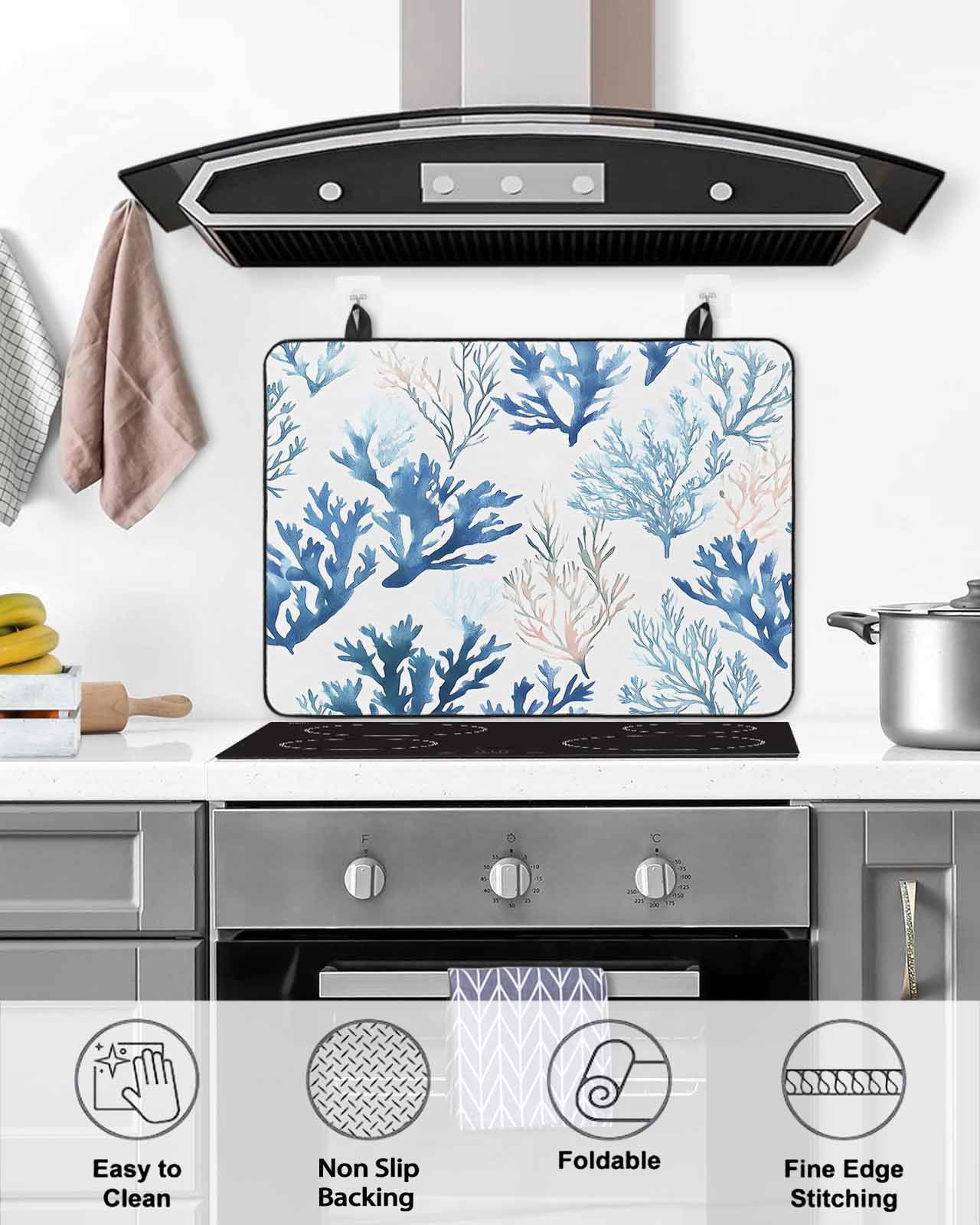 nqOlkjepod Large Induction Cooktop Protector Mat 36"x21", Blue Coral Coastal Stove Top Covers for Electric Stove, Summer Watercolor Ocean Decorative Stove Burner Cover Mats, Glass Top Stove Cover