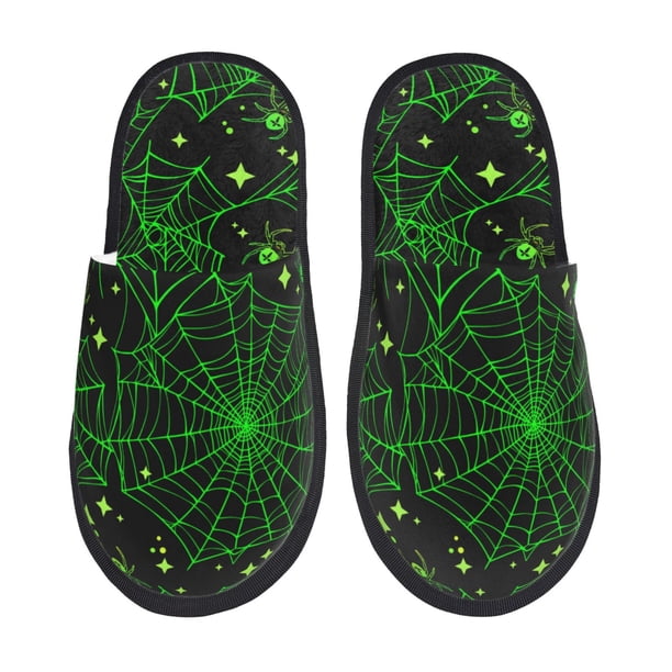 Fotbe Green Bright Web with Spiders Pantuflas Peludas para Mujer con Estampado, Zapatillas de Peluche, Zapatos de Invierno para Casa, Uso Interior y Exterior-Large