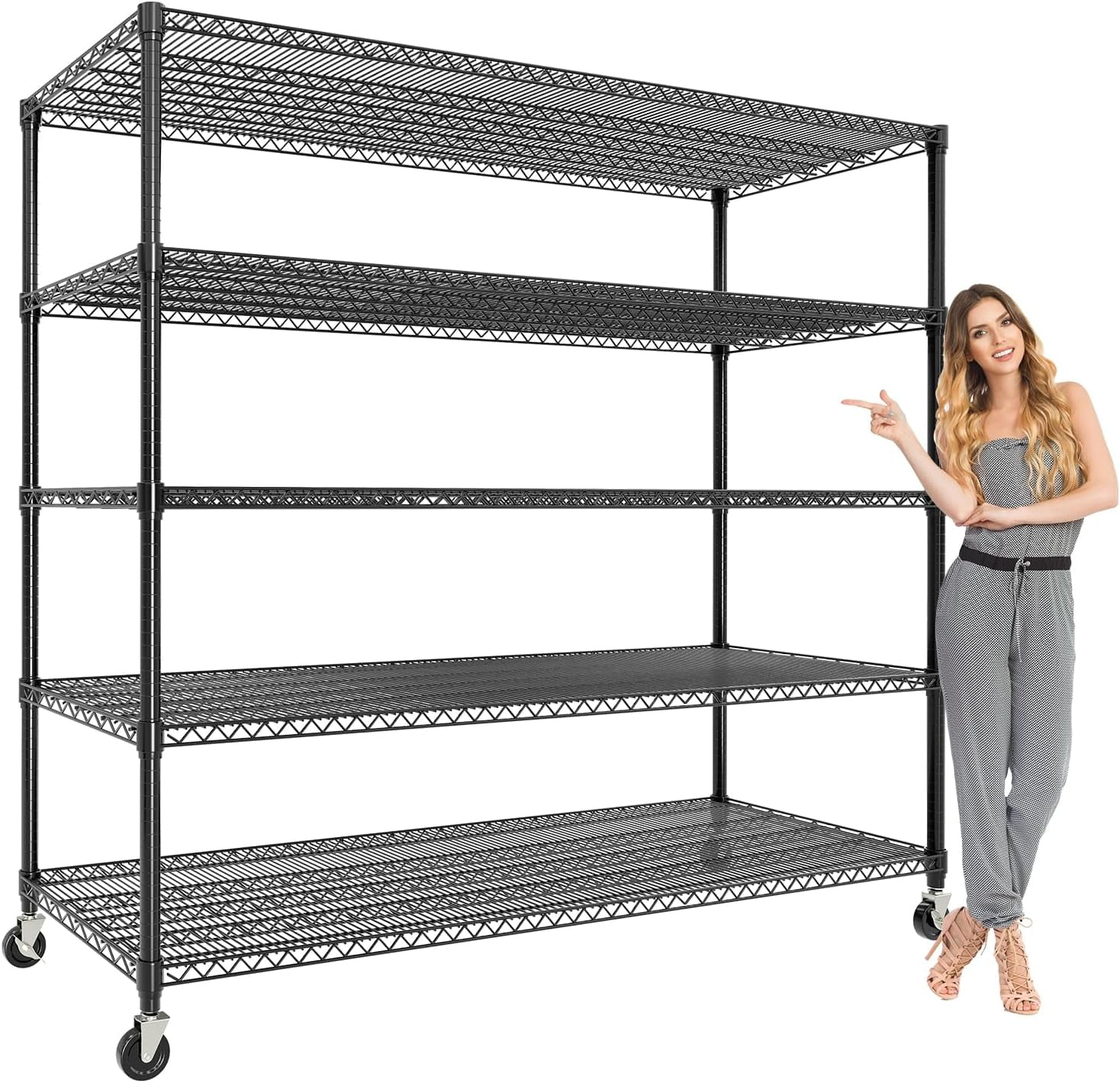 Garvee 5 Tier Metal Storage Shelving Unit with Wheels, Adjustable Rack Shelf, 59" x 23.6" x 82.6", Black