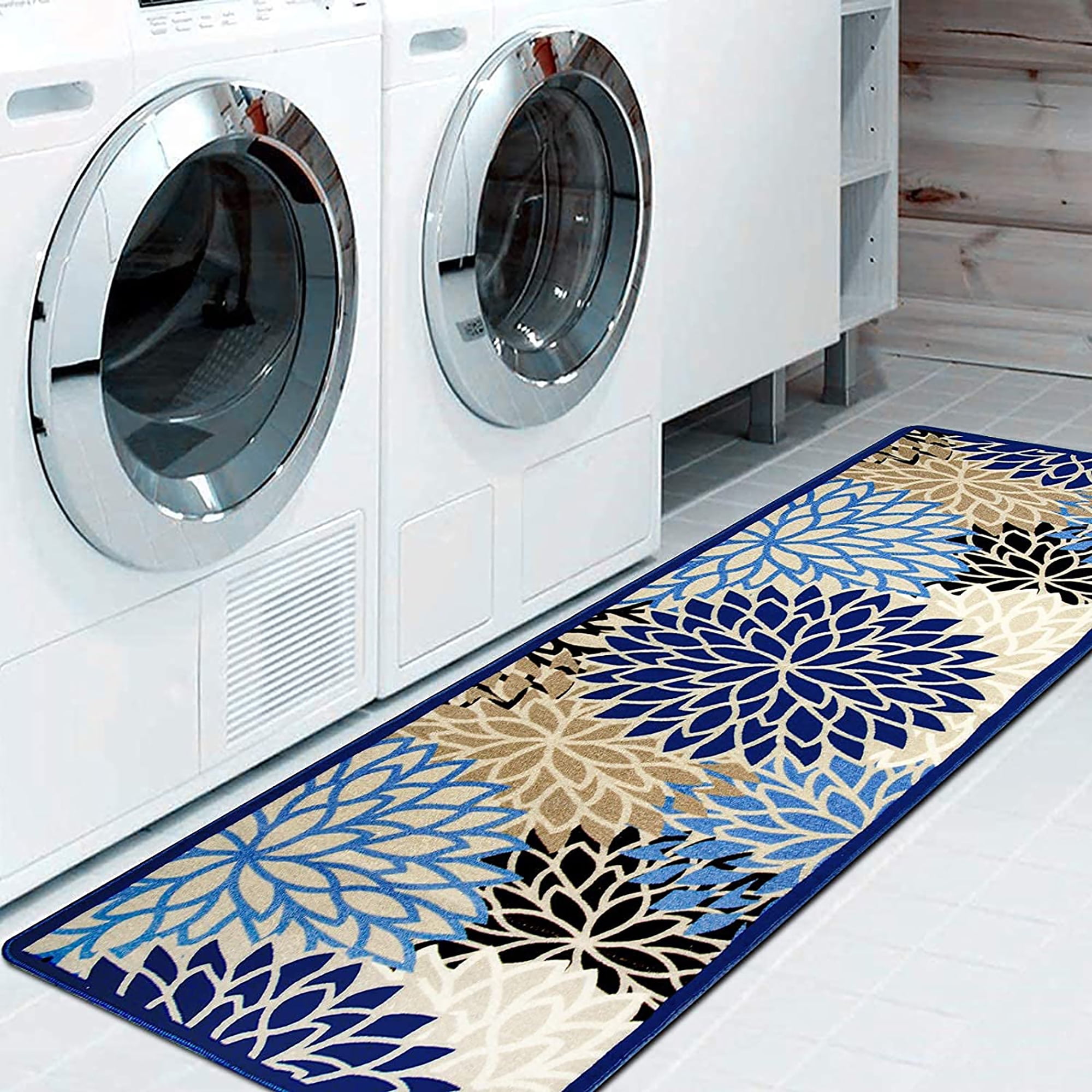 Runner Rugs for Hallway, Yamaziot 2'x6' Laundry Room Mat, Washable Non Slip Kitchen Rug, Floral Bathroom Floor Carpet Doormat, Blue