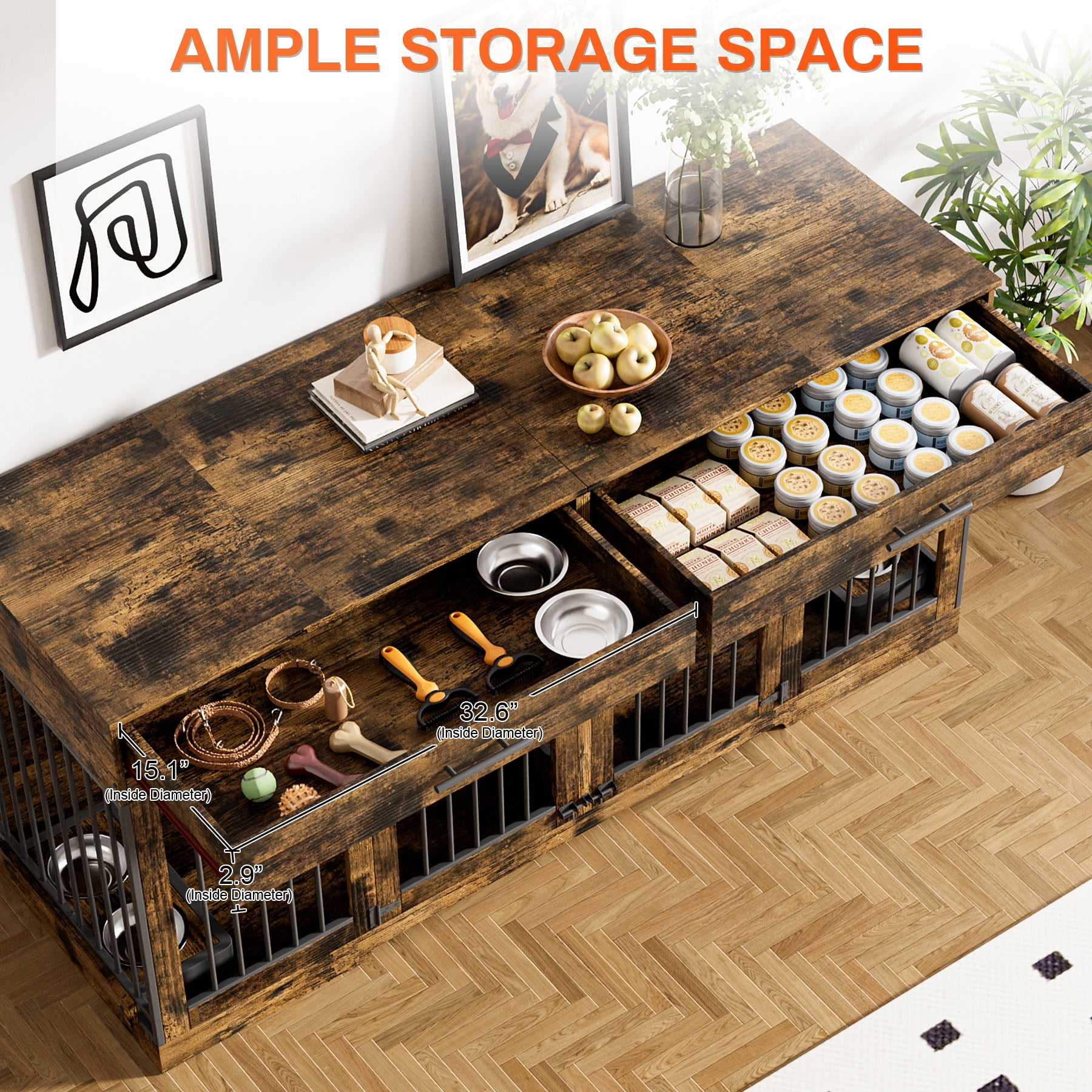 Rophefx 72" Dog Crate Furniture for 2 Dogs,Large Kennel with 2 Drawers and 4 Bowls,Wooden Heavy Duty Indoor Dog House,Brown