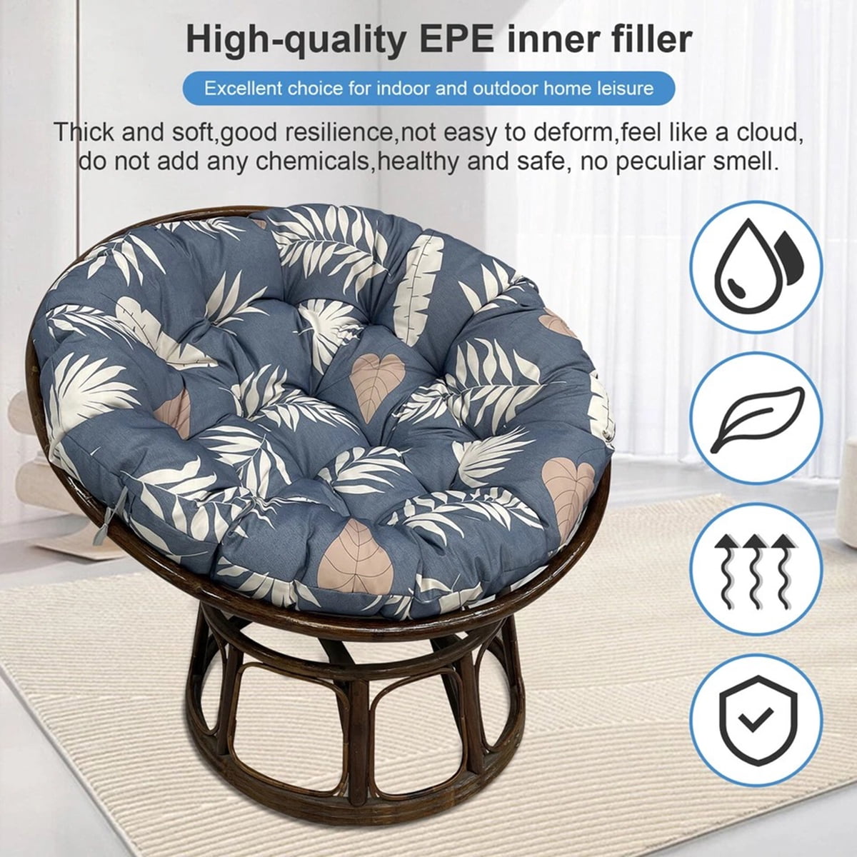 Eurhowing 48 Inch Papasan Cushion Replacement, 5" Thick Water-Resistant Round Cushion, Outdoor Patio Swing Papasan Chair Pad, Gray Leaves