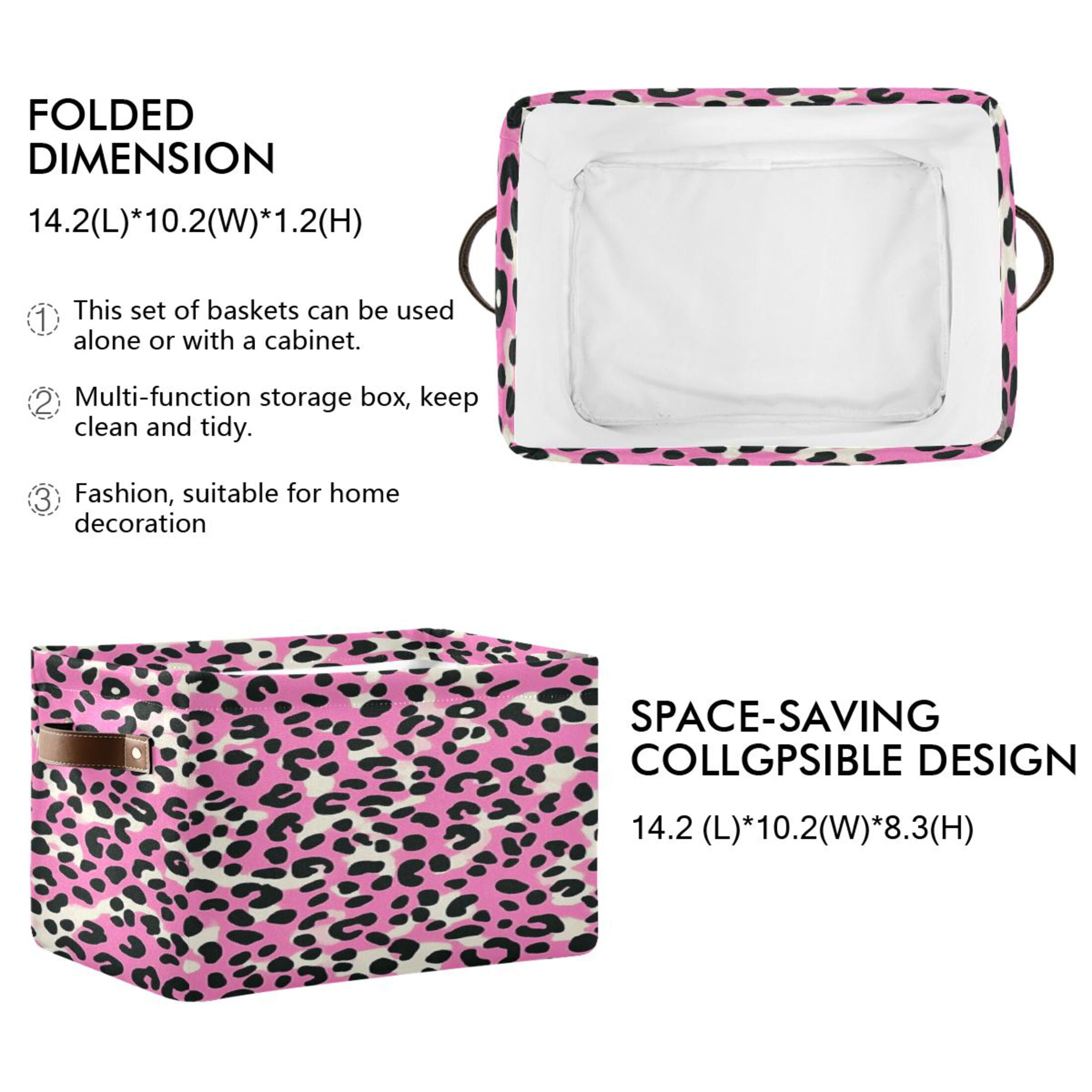 Pink and Black Leopard Foldable Storage Basket,Canvas Fabric Foldable Storage Bins with Handles Open Home Storage Bins Boxes for Toy Book Shelf Closet Baskets