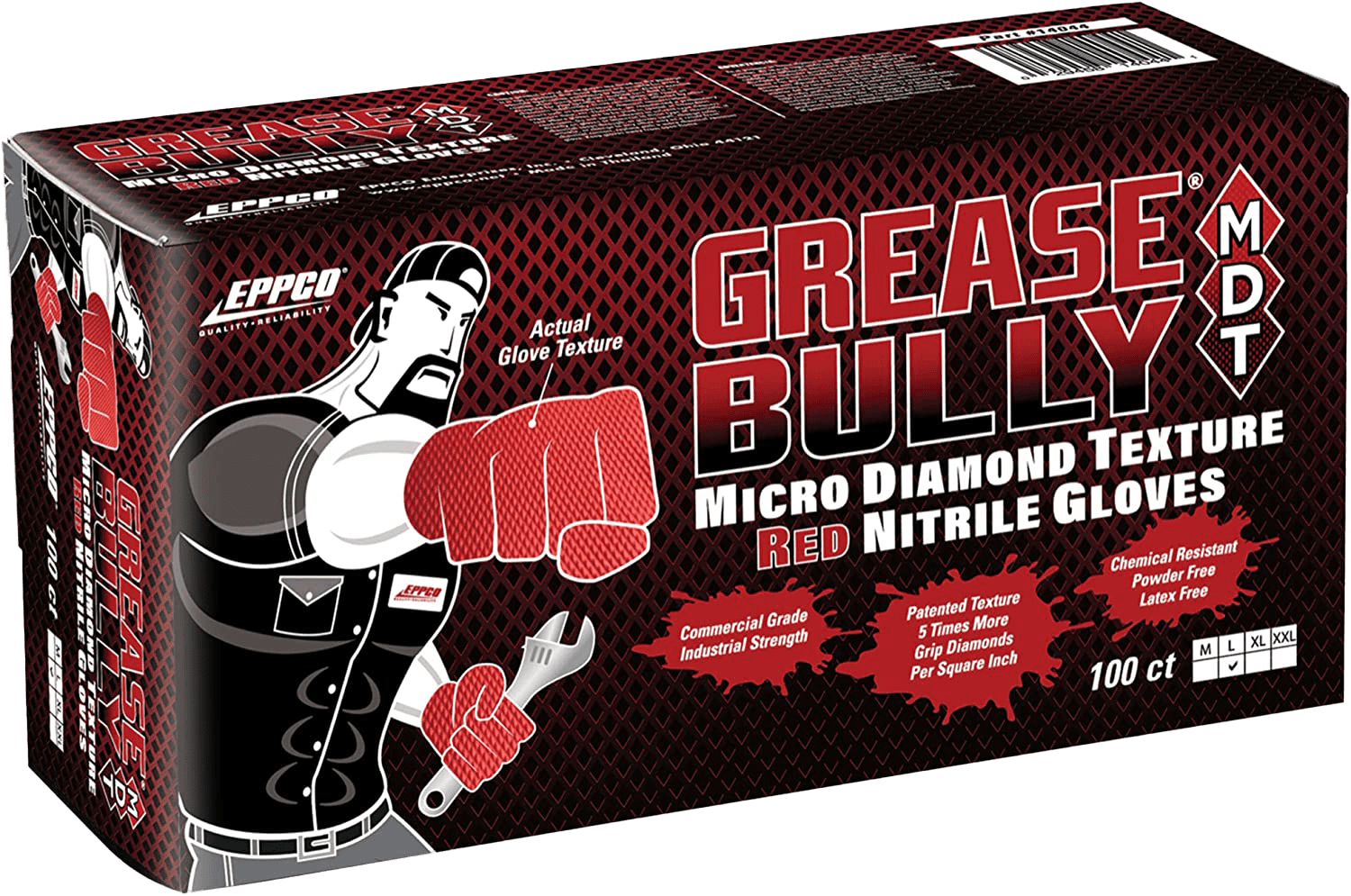 Eppco Grease Bully MDT Nitrile Gloves, Red, 7MIL, Micro-Diamond Texture, Large, 10 Boxes