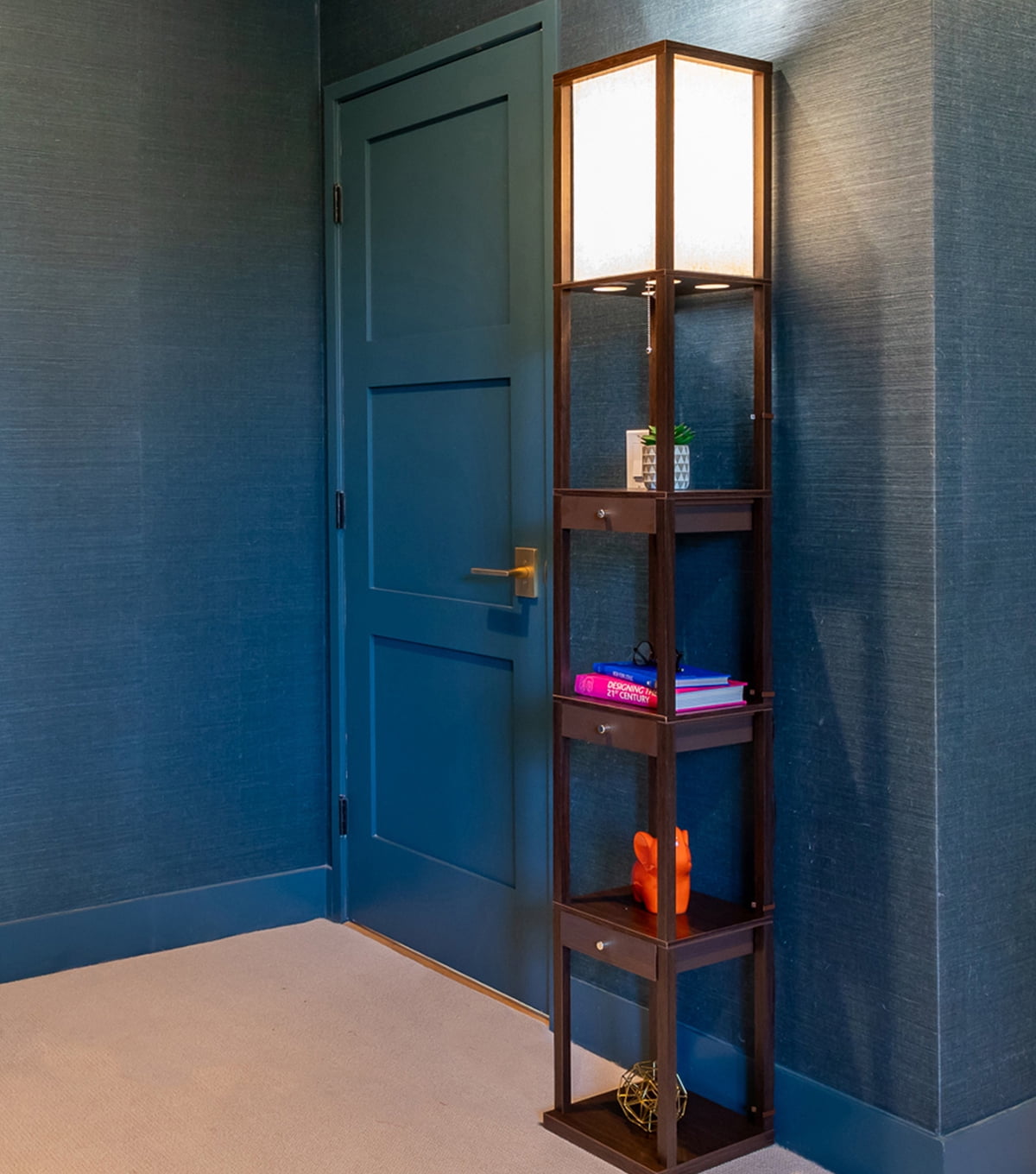 Brightech Maxwell Standing Tower Floor Lamp w/ Shelves and Drawers, Havana Brown