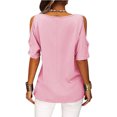 thumbnail image 2 of Camiseta de manga corta de color puro para mujer Blusa de manga corta de color liso transpirable holgada con hombros descubiertos, 2 of 6