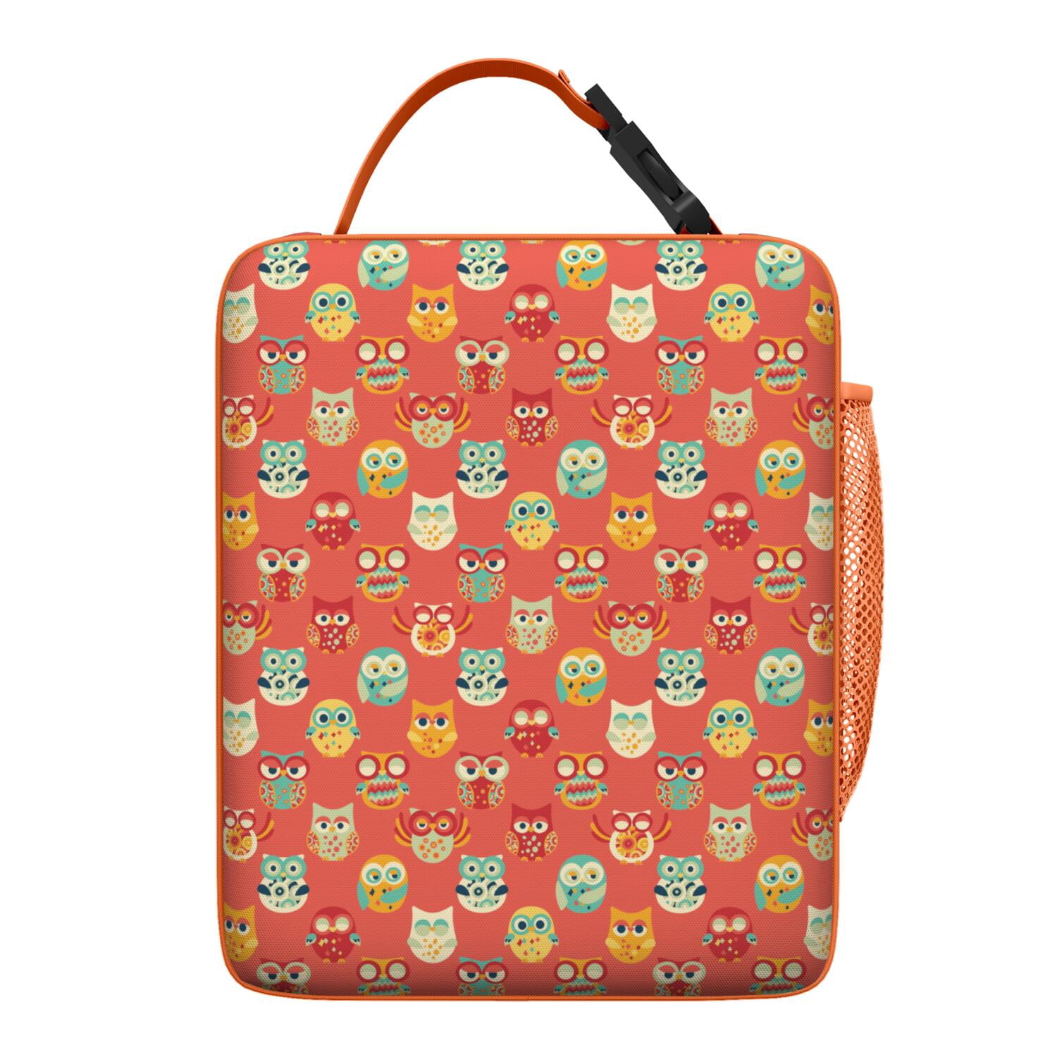 Cute Owl Lunch Bag for Women Men, Hand-Drawn Cartoon Owl with Big Eyes, Colorful Polka Dot and Night Sky Print, Insulated Bento Tote for School, Work, Travel