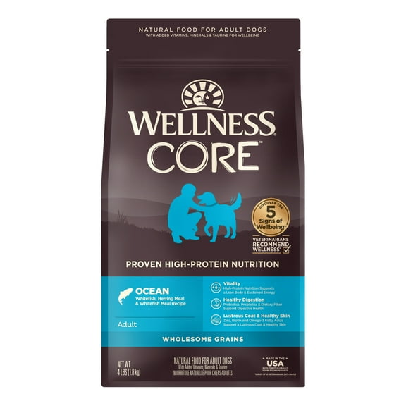 Wellness CORE Dry Dog Food, Wholesome Grains, High Protein, Natural, Ocean Whitefish & Herring Recipe, (4-Pound Bag)