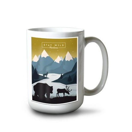 

Lantern Press 15 fl oz Ceramic Mug Doe Bay Orcas Island Washington Deer and Birds Geometric Contour Dishwasher & Microwave Safe